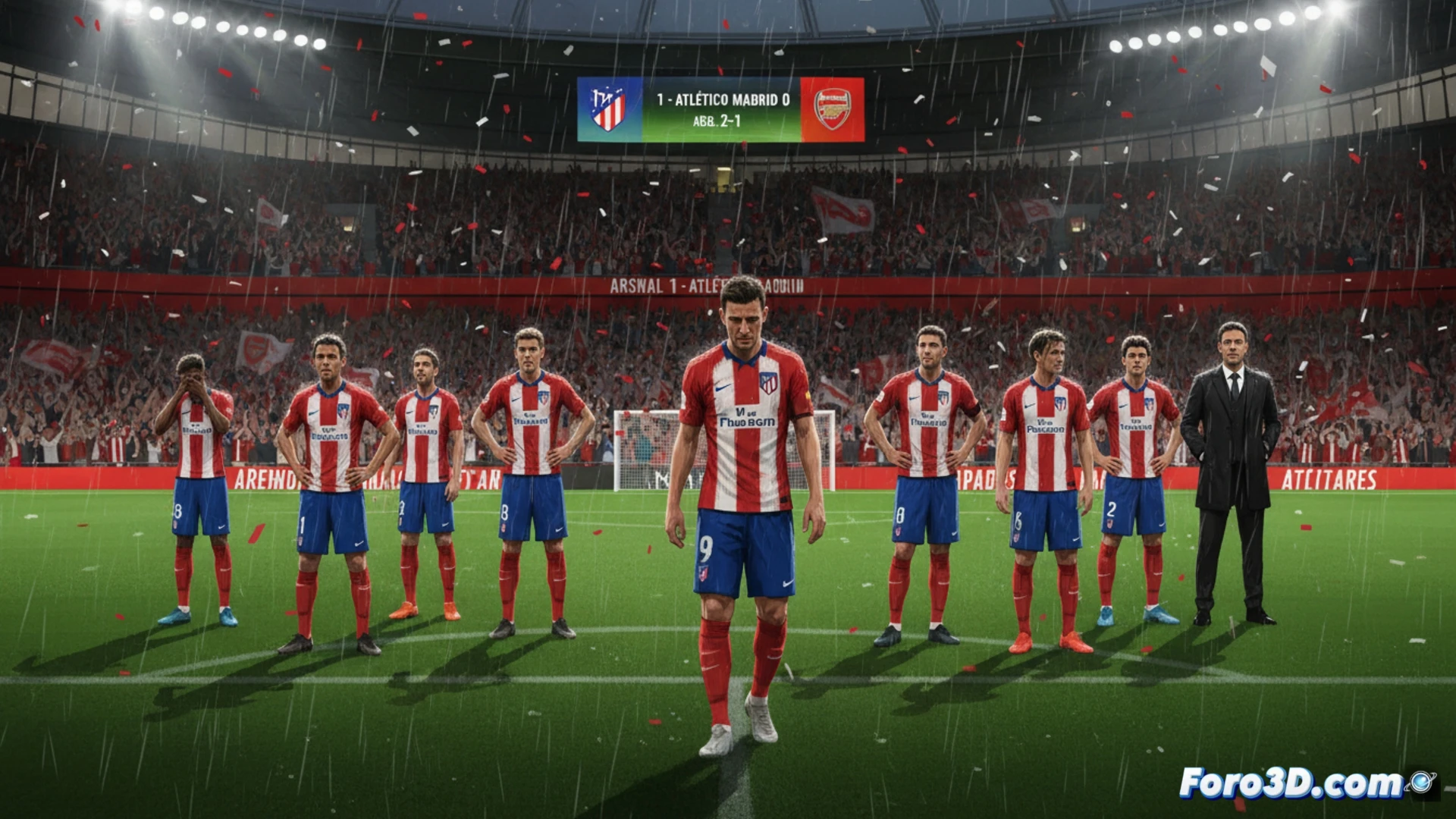 Jugadores del Atlético de Madrid cabizbajos en el Emirates, con el marcador 1-0 y la eliminación de la Champions consumada.