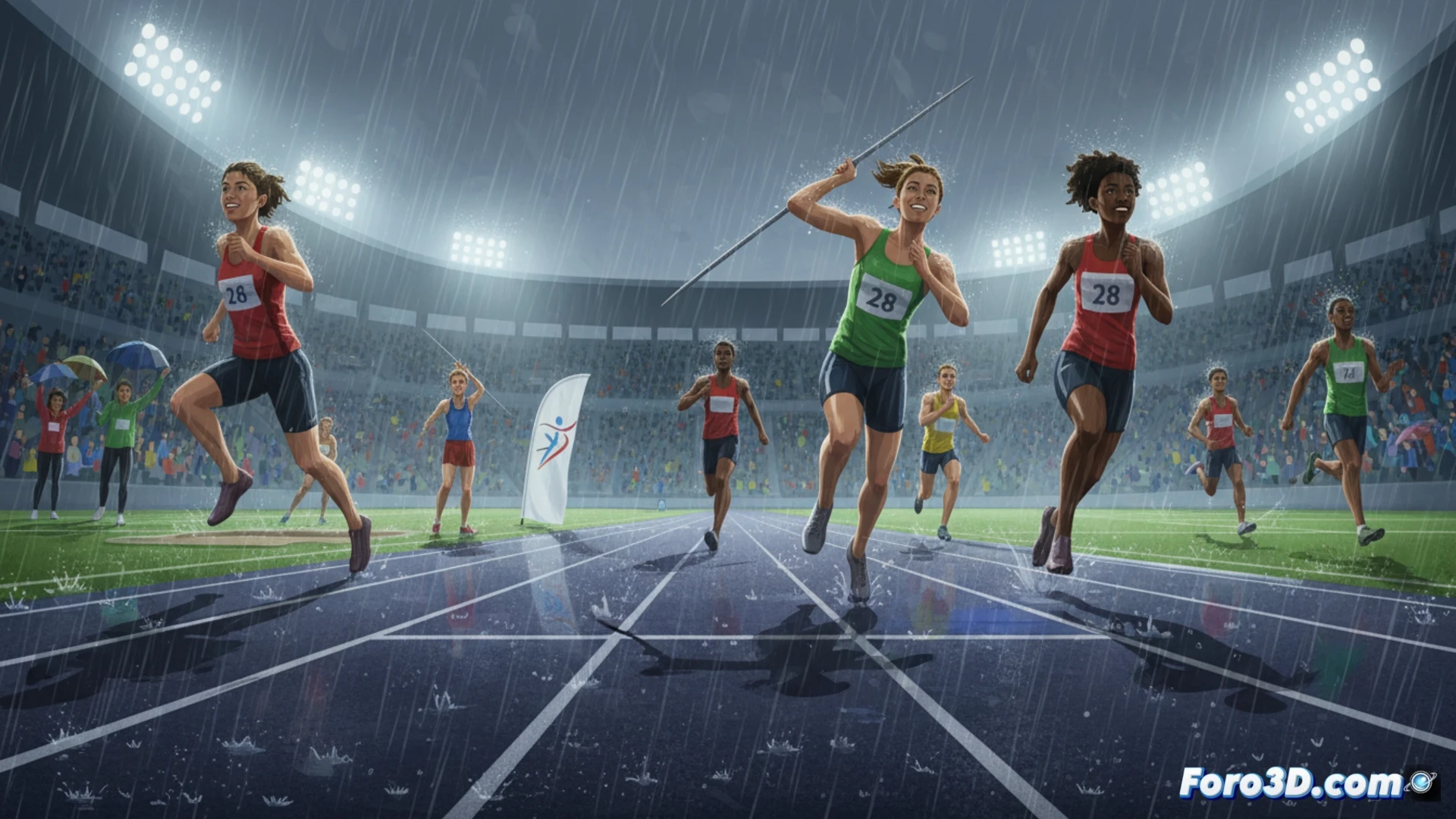 Atletas compiten bajo lluvia intensa en pista del campeonato regional, superando el mal clima con espíritu deportivo.