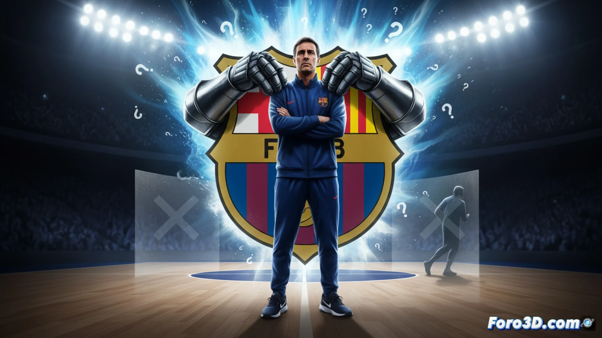 basketball court with Xavi Pascual standing firm at center court, arms crossed, surrounded by glowing protective barrier, while shadows of Ibon Navarro and another coach fade into background, official FC Barcelona crest projected on court floor as stabilizing shield, cinematic sports illustration, dramatic spotlight on Pascual, dark blue and burgundy lighting, photorealistic technical render, intense facial expression, concrete arena atmosphere
