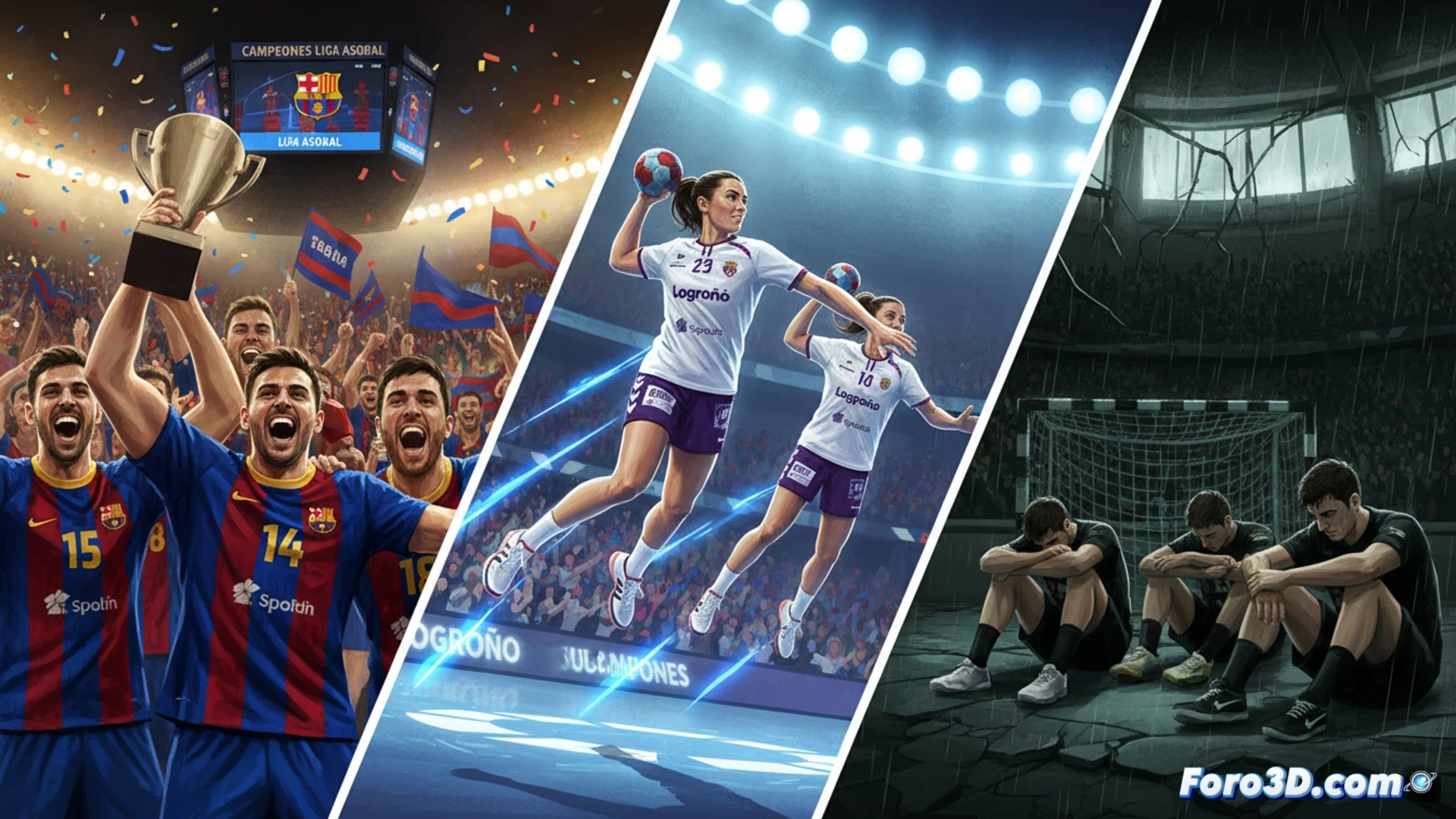three contrasting handball court scenes in a single triptych composition, left panel: Palau Blaugrana arena filled with blue and red confetti, players celebrating with raised arms around a golden trophy, spotlights creating dramatic shadows, photorealistic sports photography style. center panel: Bada Huesca player collapsing on court after a missed shot, opponent team celebrating in background, empty stands with dimmed lights, cold blue tone, cinematic motion blur on falling body. right panel: Logroño player leaping mid-air to throw a fastball past a defender, dynamic pose with sweat droplets frozen in action, bright orange team jerseys, sharp focus on ball trajectory, high-speed sports action render. unified by a gradient from warm celebration to cold defeat, ultra-detailed textures, volumetric lighting, professional broadcast camera angle, no text or numbers visible.