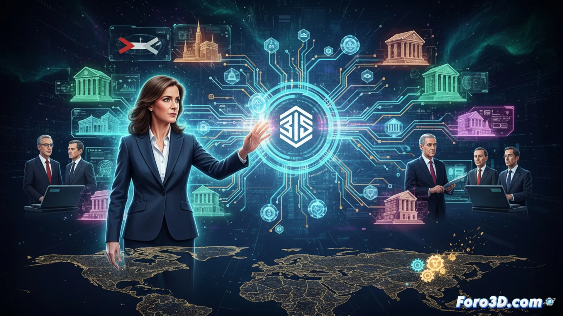 glowing digital globe with interconnected banking nodes, tokenized transaction data flowing as luminous particles between central bank servers, Ana Botín-style executive silhouette gesturing toward a holographic payment network, BIS headquarters faintly visible in background, real-time cross-border transfer process shown with accelerating blockchain paths bypassing traditional intermediaries, cinematic technical visualization, sleek metallic hardware racks with blue LED indicators, motion trails of currency tokens moving through secure channels, dramatic low-angle lighting, photorealistic engineering render