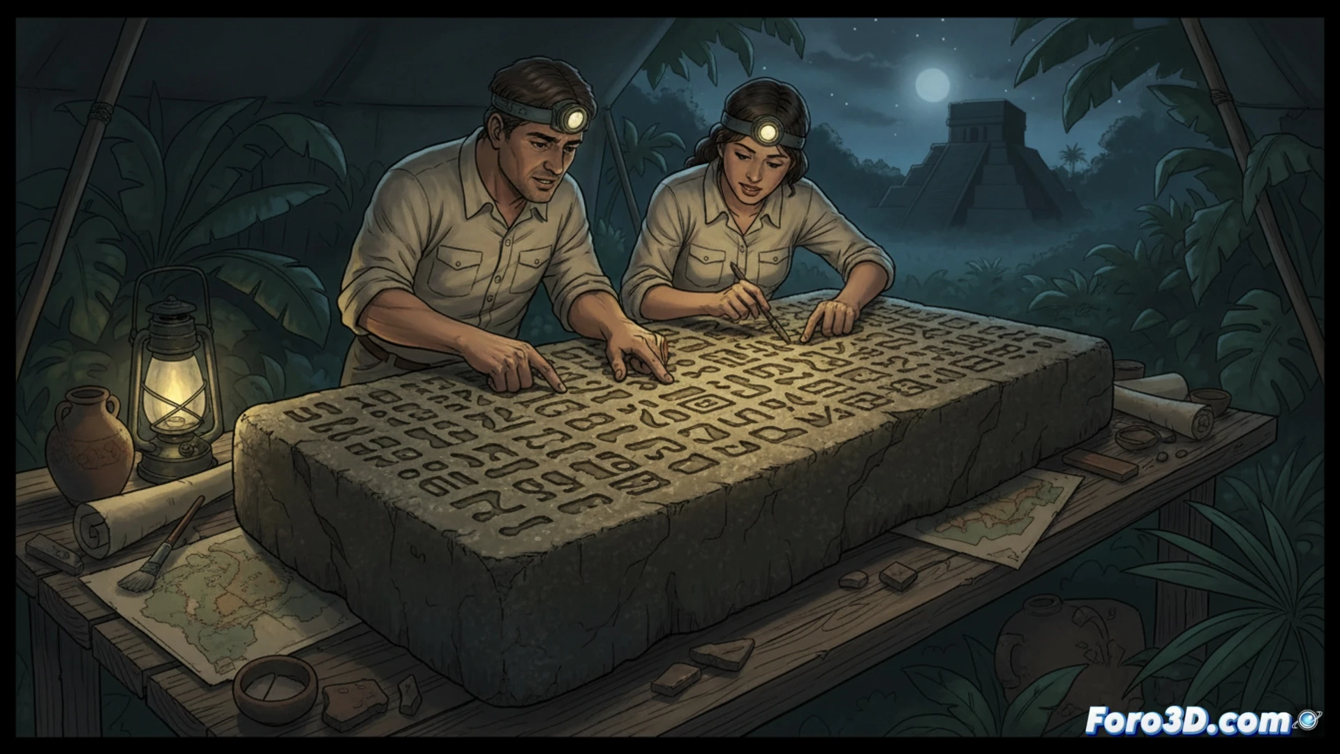 Archaeologists in a dimly lit lab examining the Bloque de Casajal stone slab under UV light, magnifying glass revealing deep incised Olmec glyphs, digital tablet beside it showing 3D scan rotation, dust particles suspended in air, technical illustration style, photorealistic stone texture, dramatic side lighting casting long shadows across the carved symbols, hands in nitrile gloves pointing at specific hieroglyph sequences, high-contrast chiaroscuro emphasizing the relief depth, macro detail of chisel marks and weathering patterns