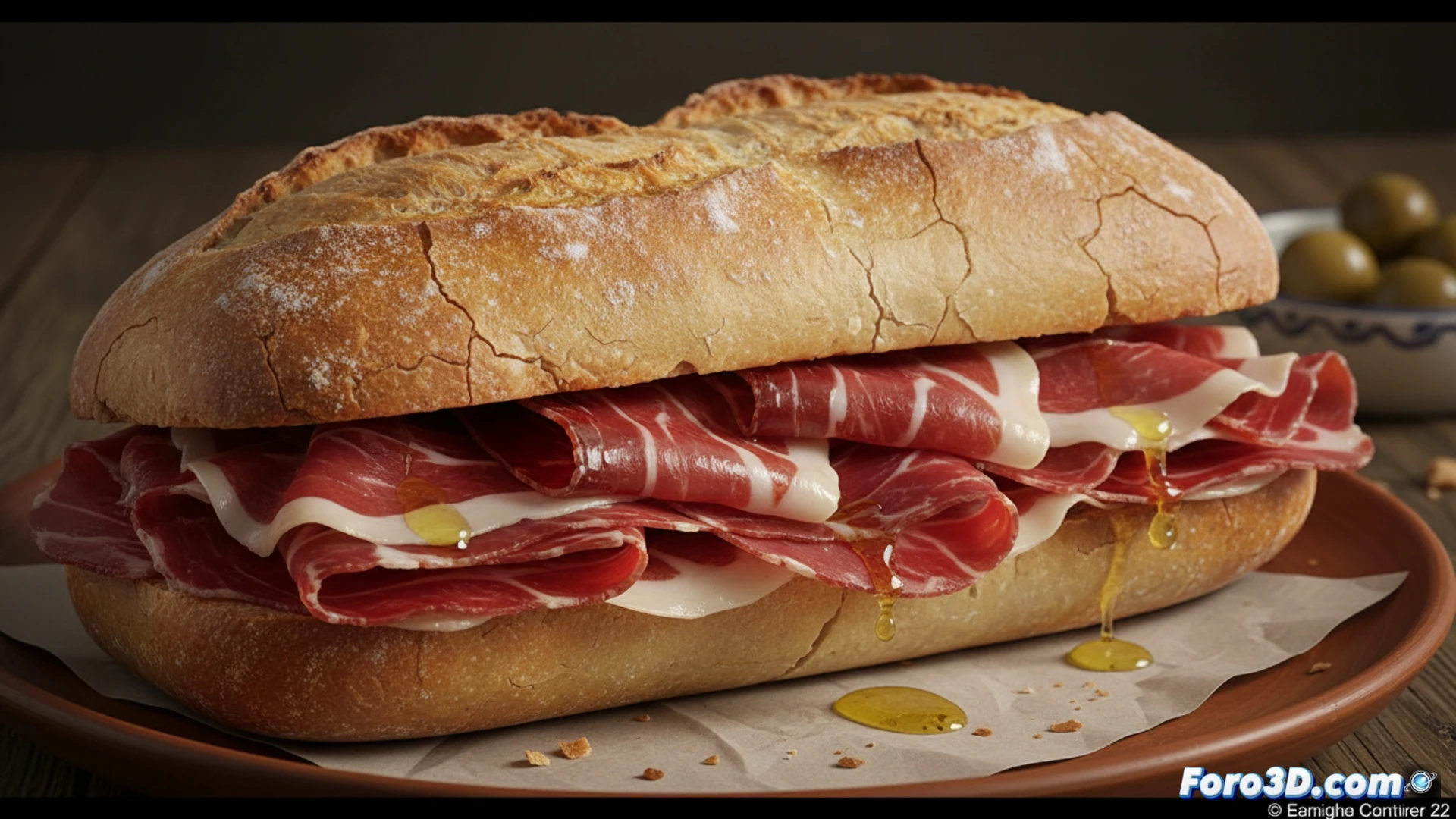Un primer plano de un bocadillo de jamón ibérico sobre una tabla de madera, con pan crujiente y lonchas brillantes de grasa infiltrada.