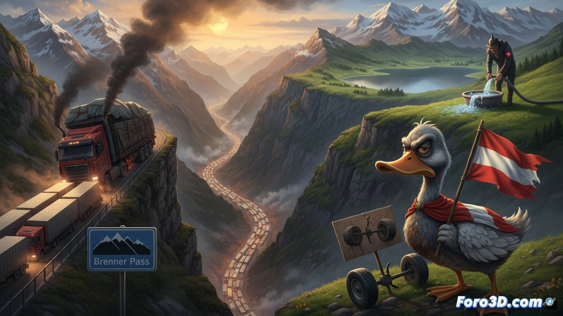 Heavy truck traffic jam at Brenner Pass mountain highway, multiple diesel semi-trucks idling in a narrow Alpine valley, thick black exhaust fumes rising and accumulating between steep green slopes, Swiss border checkpoint sign in background with empty road lane, Italian customs booth on opposite side, cinematic photorealistic technical illustration, dramatic overcast lighting, toxic haze settling over residential buildings below, motion blur on passing trucks, particulate matter visualization as glowing orange particles suspended in air, ultra-detailed mountain terrain and vehicle mechanical components, high contrast environmental documentary style