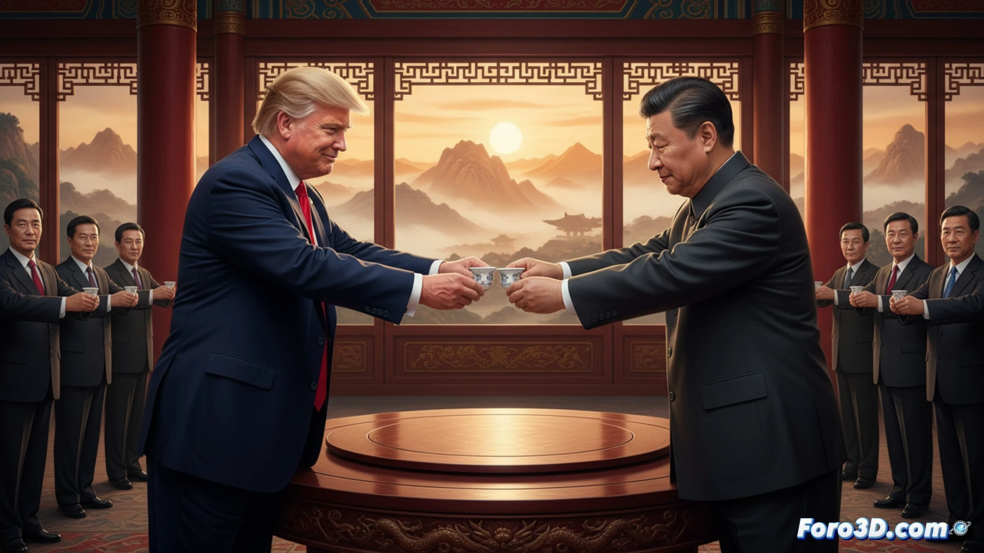 Dos vasos de vidrio con licor se elevan en un choque simbólico sobre una mesa de caoba pulida. Manos de líderes chino y estadounidense sostienen los bordes. Al fondo, la bandera roja de China y la bandera de EE.UU. decoran la Gran Sala del Pueblo. La luz dorada ilumina el gesto del Ganbei, reflejando jerarquía y respeto diplomático.