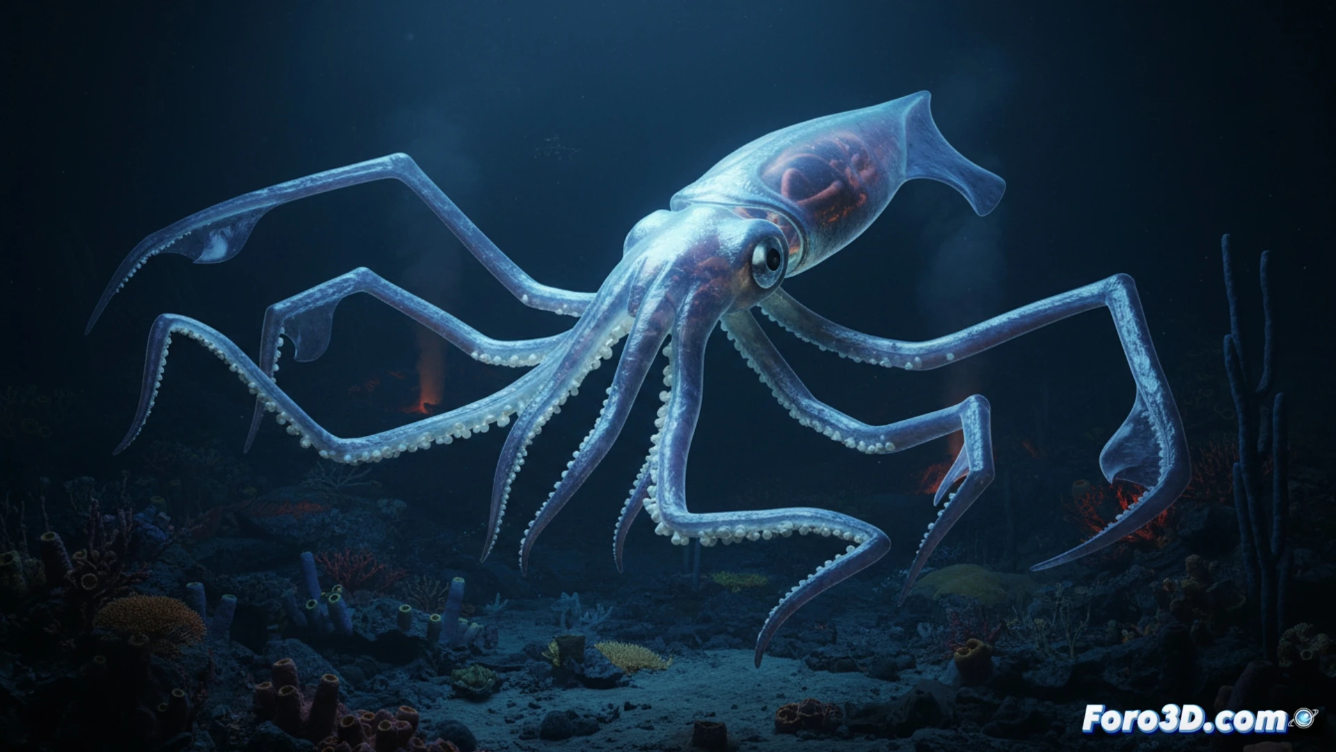 Reconstrucción 3D del calamar Magnapinna de Nazca, con brazos largos y codos angulados en fondo oceánico oscuro