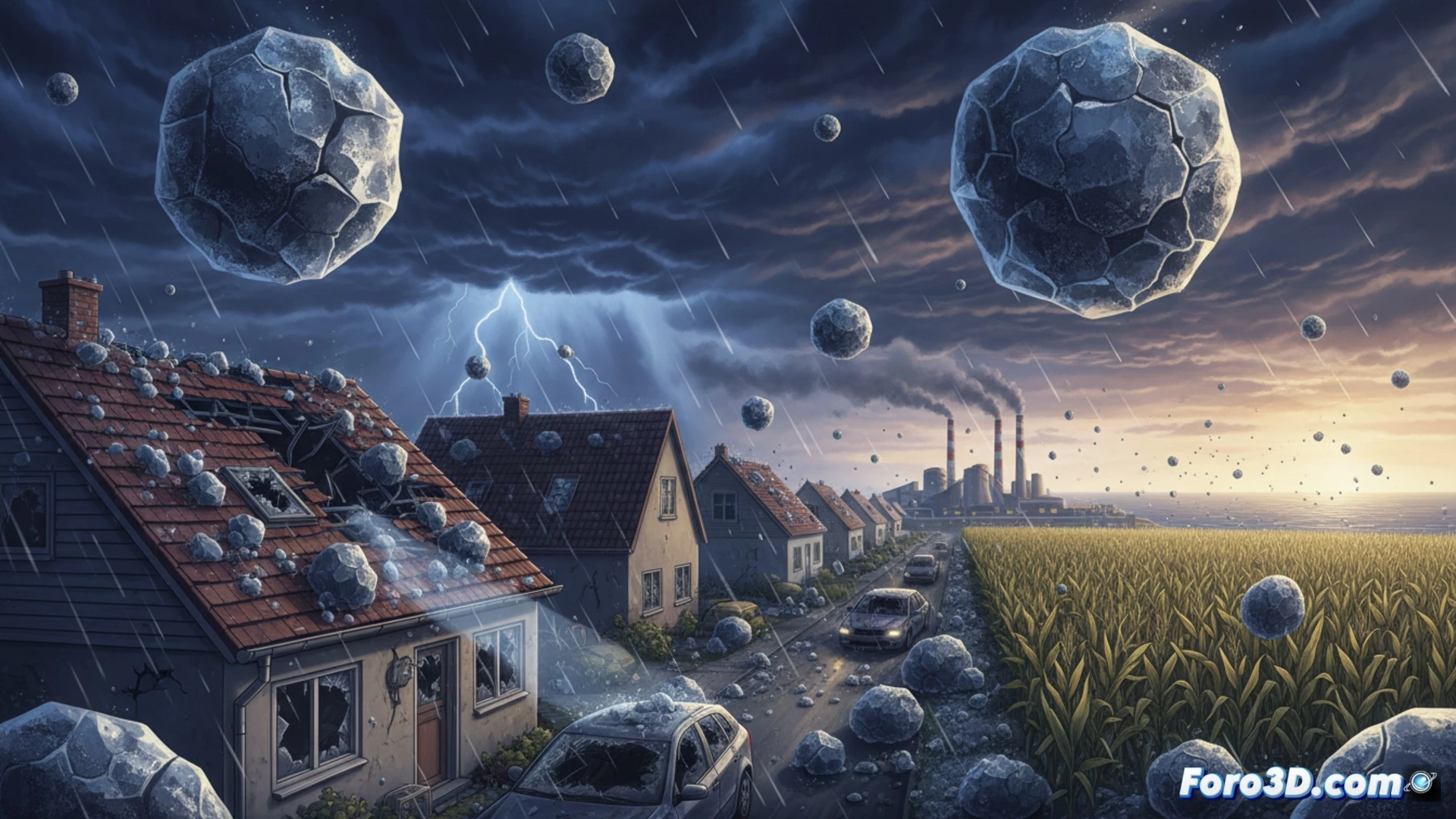 massive hailstones falling on a car and a tiled roof during a storm, hailstones the size of golf balls impacting a car windshield creating spiderweb cracks, hailstones denting a metal roof surface, dark storm clouds with lightning in the background, cinematic photorealistic visualization, dramatic storm lighting, water splashing on impact, detailed damage textures on glass and metal, ultra-realistic weather scene