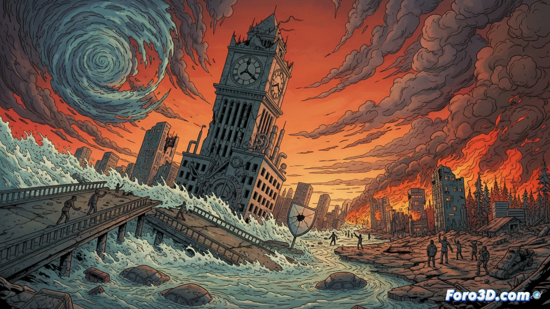 aerial view of a flooded city with a hurricane swirling on the horizon, a cracked dam releasing muddy water into suburban streets, wildfire smoke merging with storm clouds, a collapsed power line sparking on wet asphalt, photorealistic cinematic disaster visualization, dramatic overcast lighting, ultra-detailed destruction debris, flooded cars and uprooted trees, emergency sirens flashing red in the distance, hyper-realistic environmental catastrophe scene, no text or numbers visible