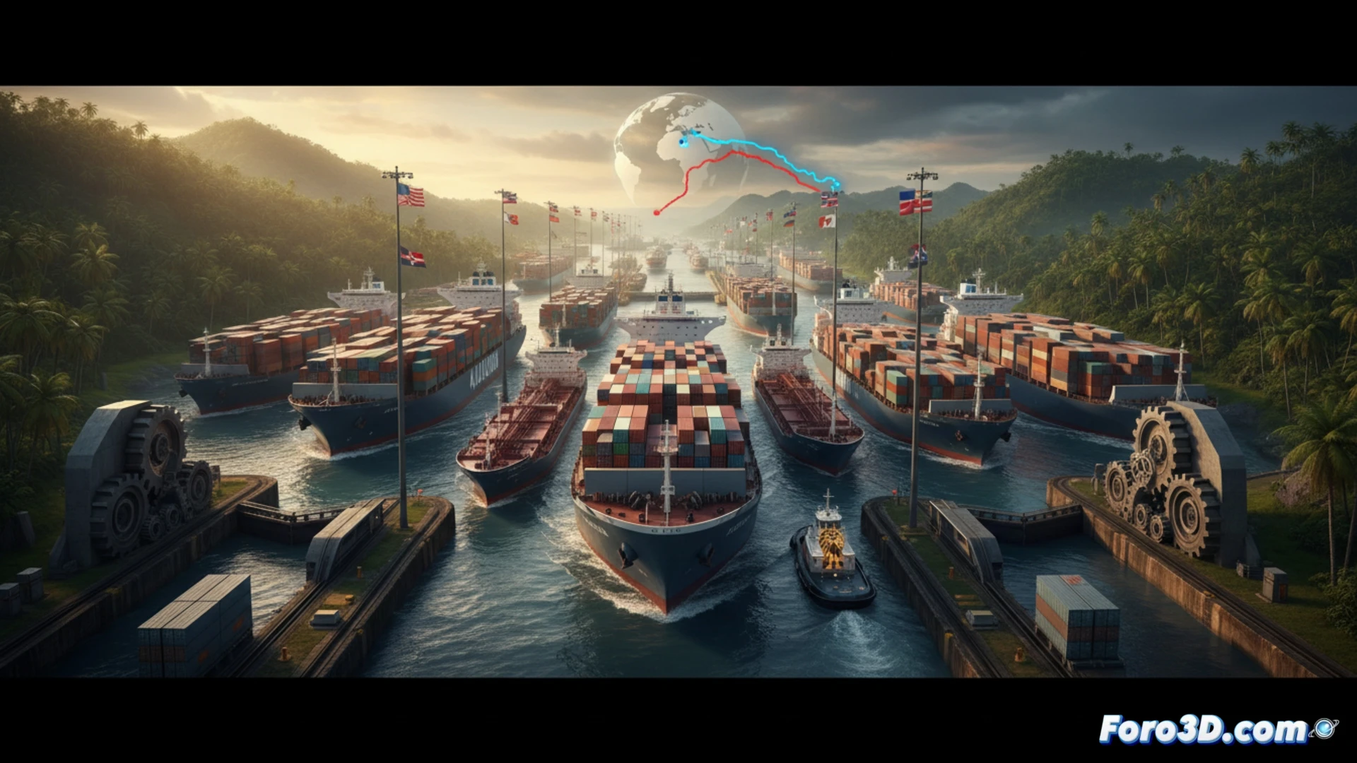 Panamax container ship transiting Canal locks at dawn, bow thruster kicking up greenish water, hydraulic miter gates closing behind, deck stacked with red and blue boxes, industrial crane on towpath lifting cargo, two tugboats pushing hull, control tower with antenna array in background, tropical humid haze over concrete lock walls, cinematic engineering visualization, photorealistic maritime infrastructure, dramatic side lighting from low sun, water spray particles suspended, mechanical tension in steel cables and pulleys, ultra-detailed ship details and lock mechanism