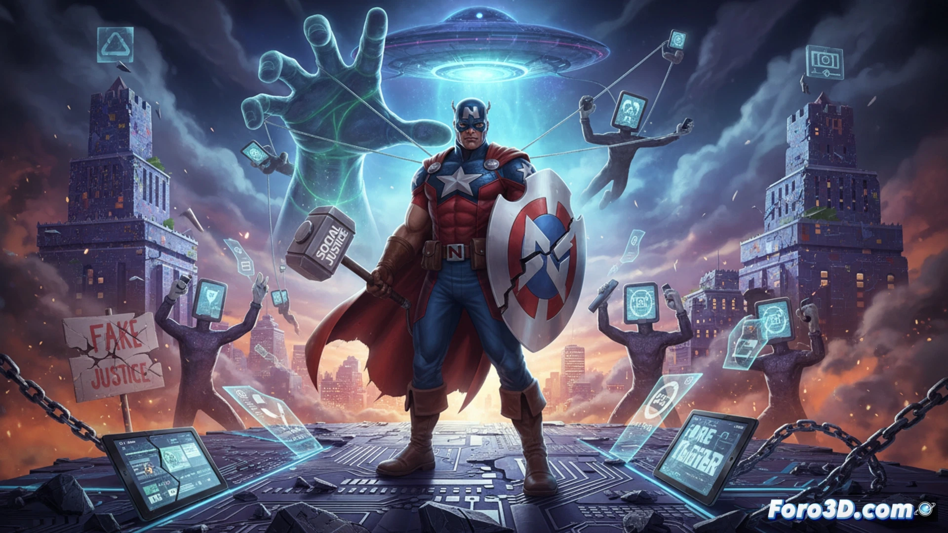 Ilustración 3D del Capitán de Nextwave con pose desafiante y fondo de colores vibrantes estilo cómic satírico