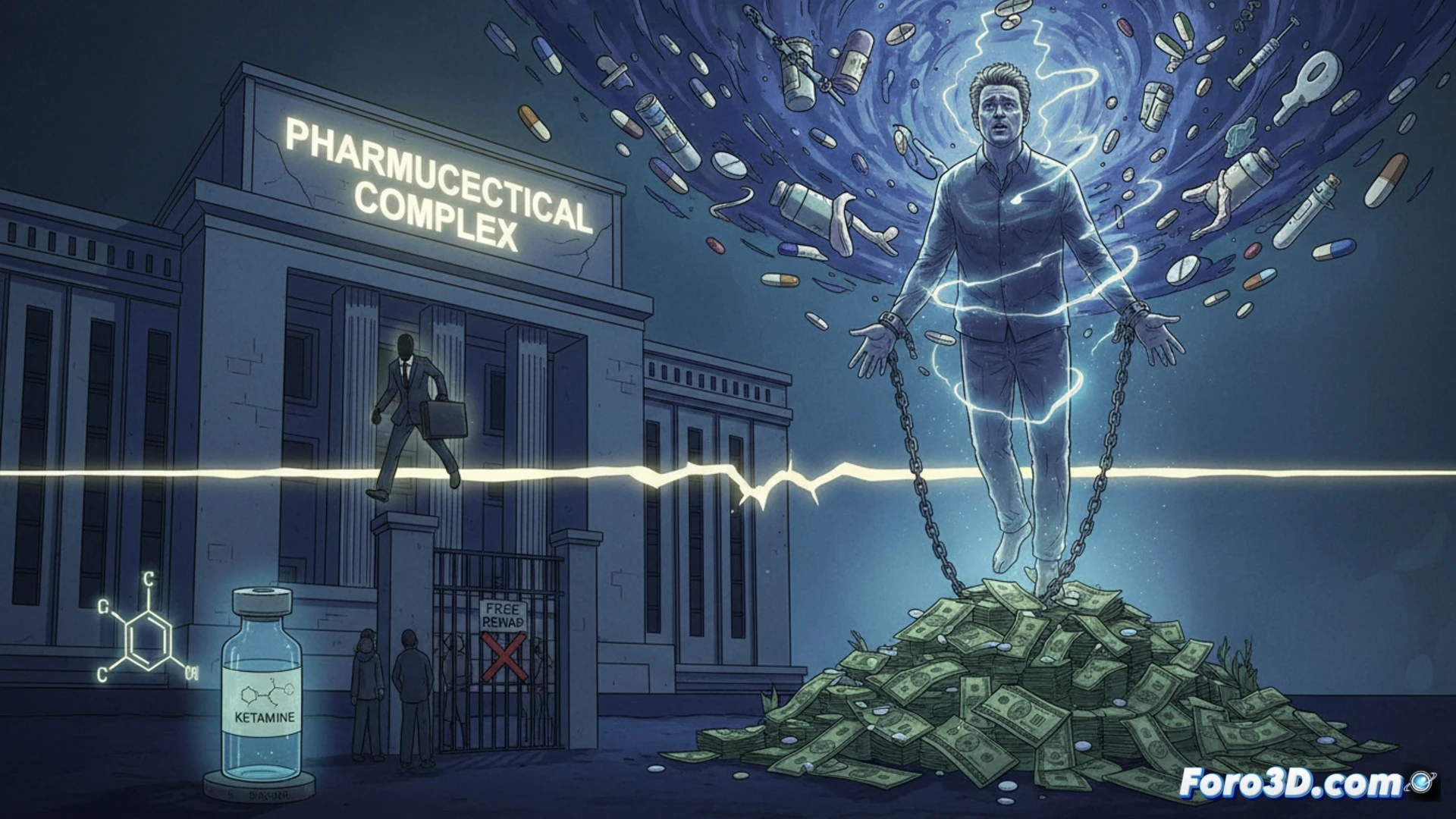 fractured prescription bottle spilling ketamine vials onto a marble floor, a celebrity silhouette reaching for pills while a shadowy hand counts cash in the background, broken medical IV tubes and syringes scattered, a digital scale displaying weight, dim forensic lighting, cinematic photorealistic render, harsh shadows across sterile clinical surfaces, a single blue capsule glowing under UV light, motion blur of falling pills, metallic reflection on syringe needles, cold morgue-like atmosphere, ultra-detailed pharmaceutical packaging, dramatic chiaroscuro contrast, technical medical illustration style