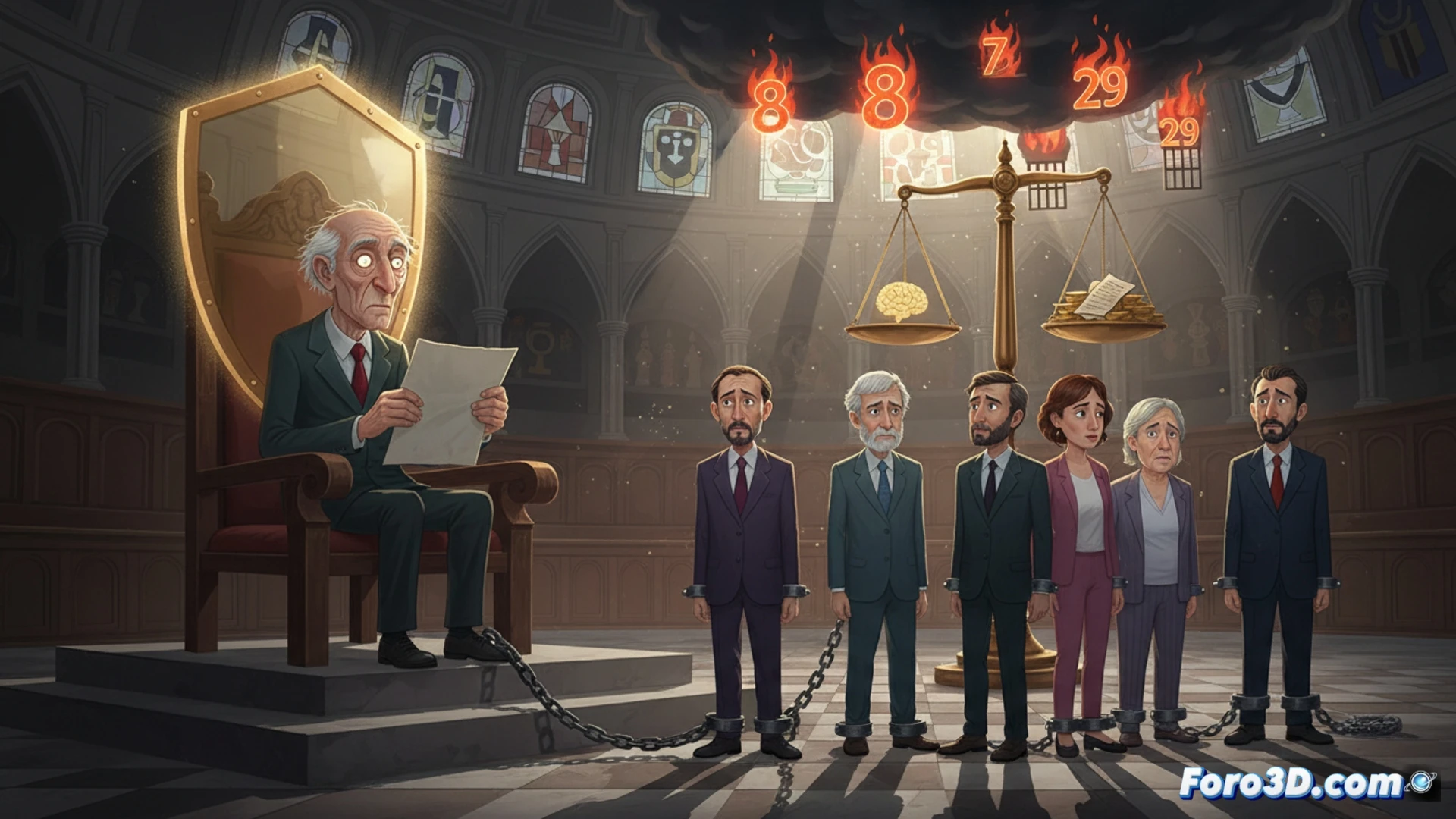 Photorealistic courtroom scene in the Audiencia Nacional, elderly man seated with vacant expression at defendant table, judge's gavel mid-strike on wooden block, lawyers gesturing toward medical reports and cognitive assessment documents, seven adult defendants in separate row with tense postures, security guard standing near exit, overhead fluorescent lighting casting harsh shadows, polished wood furniture reflecting light, technical illustration style with forensic diagram overlay showing family tree connections, cinematic depth of field focusing on gavel and medical files, neutral beige walls with institutional clock, dramatic chiaroscuro lighting emphasizing legal gravity