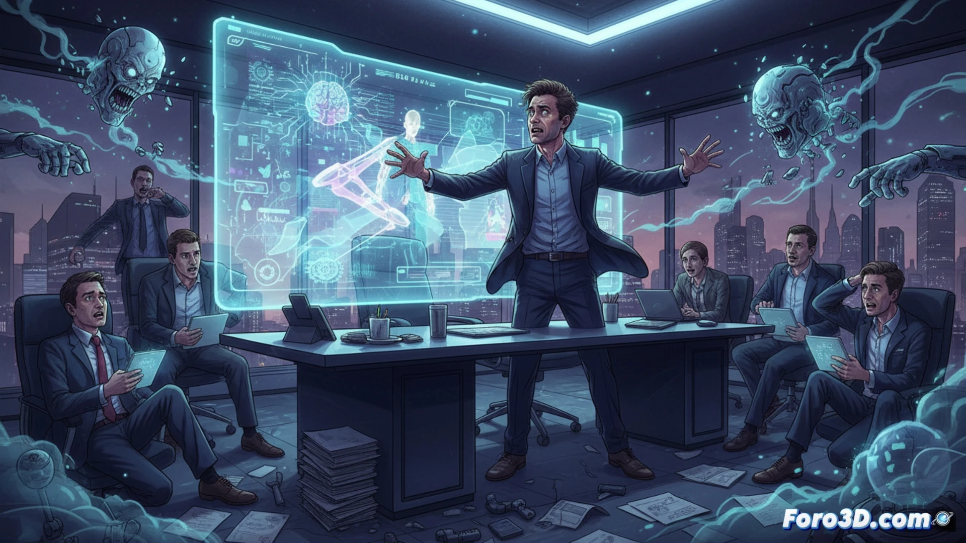 corporate office with glass walls, executive team staring at an AI dashboard displaying glowing brain scans labeled psychosis, one manager pressing a terminate button on a human silhouette icon while another executive points at declining productivity graphs, server racks overheating in background as cables disconnect from human-shaped workstations, cinematic technical visualization, cold blue and red warning lights, holographic data streams showing false efficiency metrics, photorealistic architectural render, dramatic shadows from ceiling grid lights, motion blur on spinning hard drives