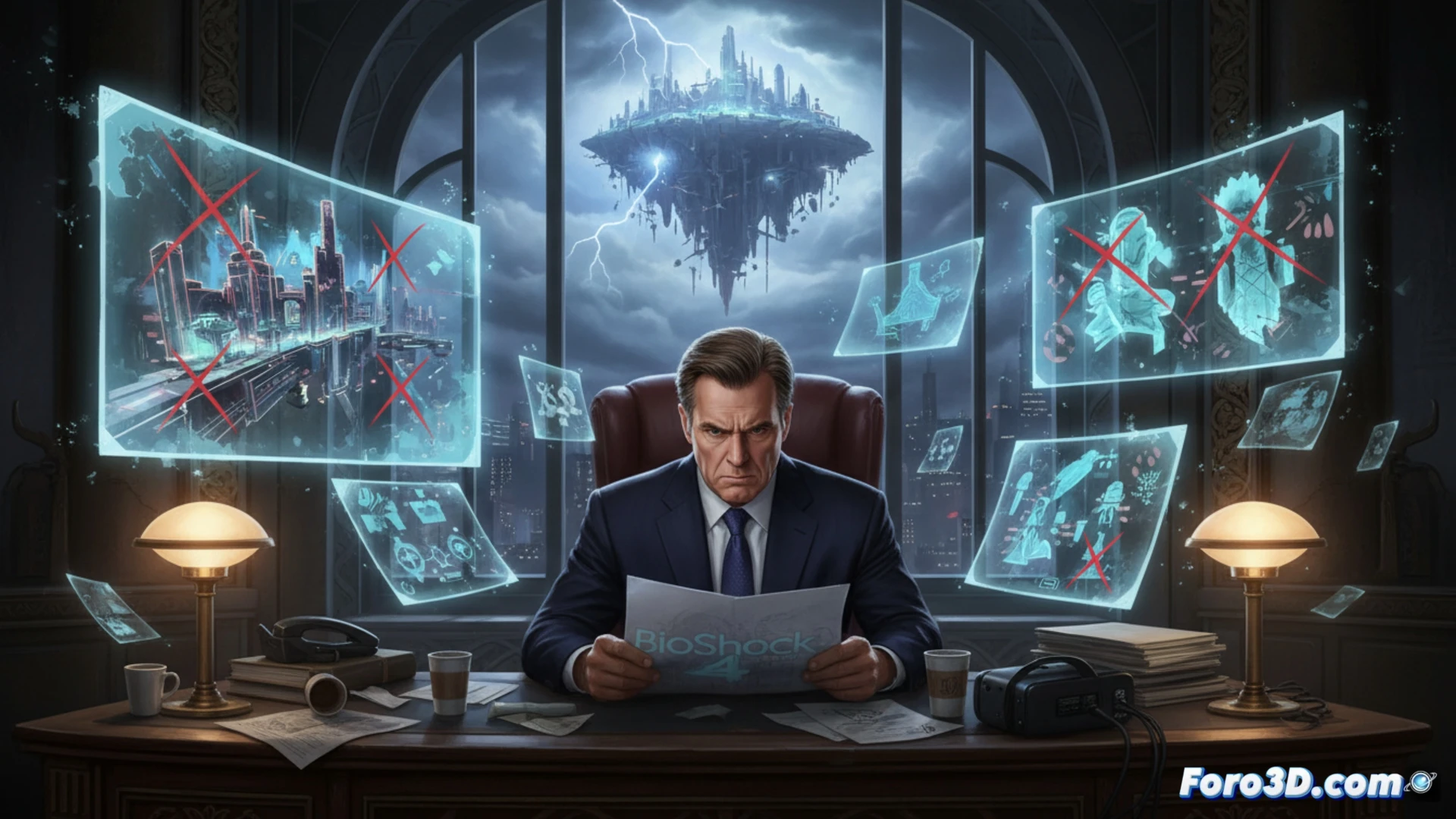 Un ejecutivo de traje cruza los brazos frente a un monitor con el logo de BioShock 4 y planos descartados, mostrando frustración y desorden creativo.