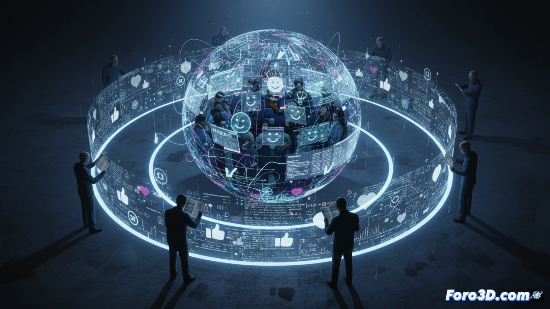 photorealistic cinematic scene showing a person trapped inside a transparent digital dome, smartphone held up displaying a single news app icon, glowing social media algorithms forming a circular barrier around them, laptop with broken antenna symbol on screen, fractured reality outside the dome visible through cracks, dark blue and red ambient lighting, holographic data streams blocking external signals, dramatic contrast between isolated warm interior and cold distorted exterior, ultra-detailed facial expression of confusion, metaphorical technical illustration of information control, high-end cinematic rendering