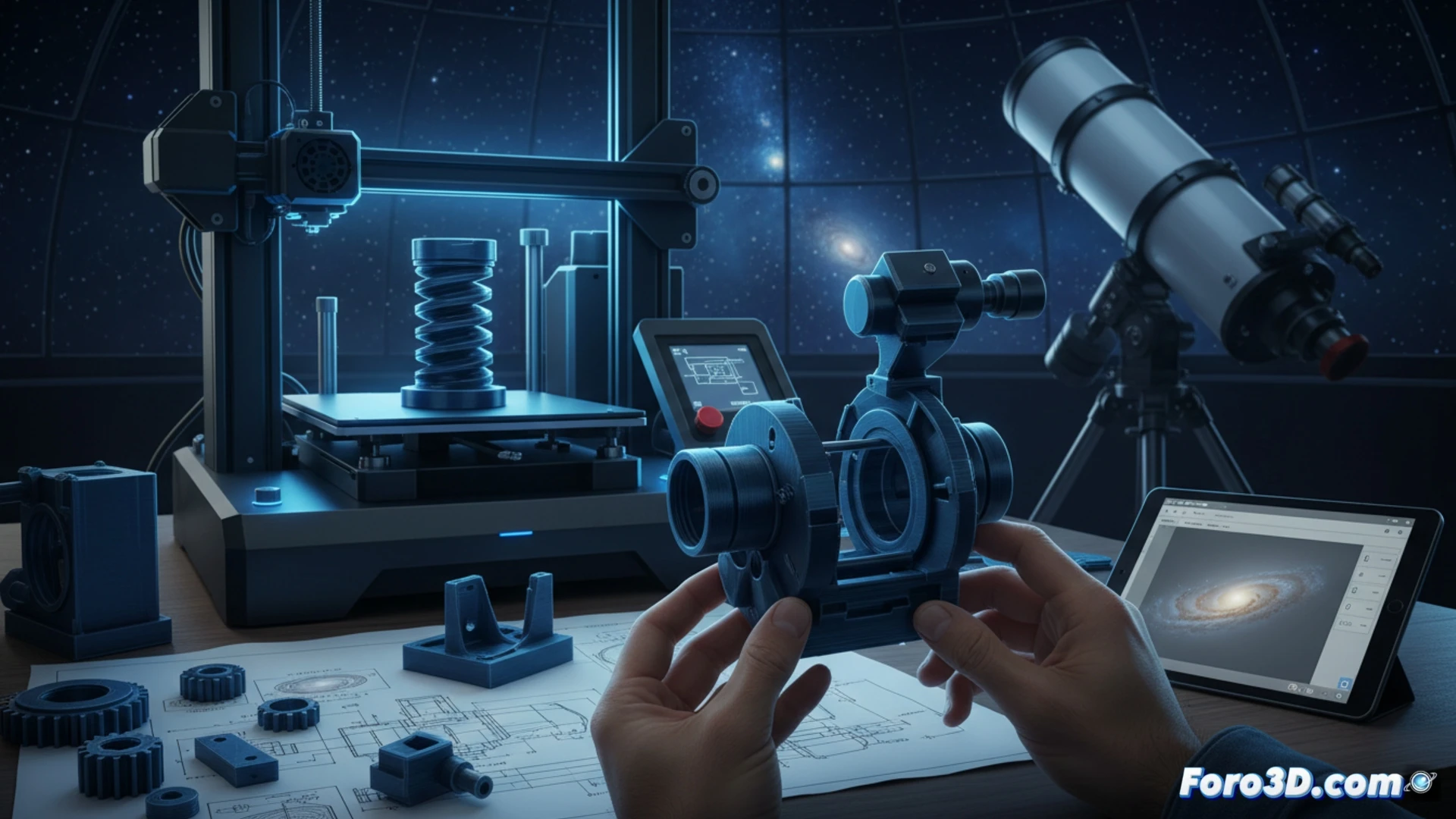 Un astrónomo sostiene en sus manos una pieza impresa en 3D de color blanco, una montura para telescopio. Al fondo, un cielo estrellado y una impresora 3D en funcionamiento.
