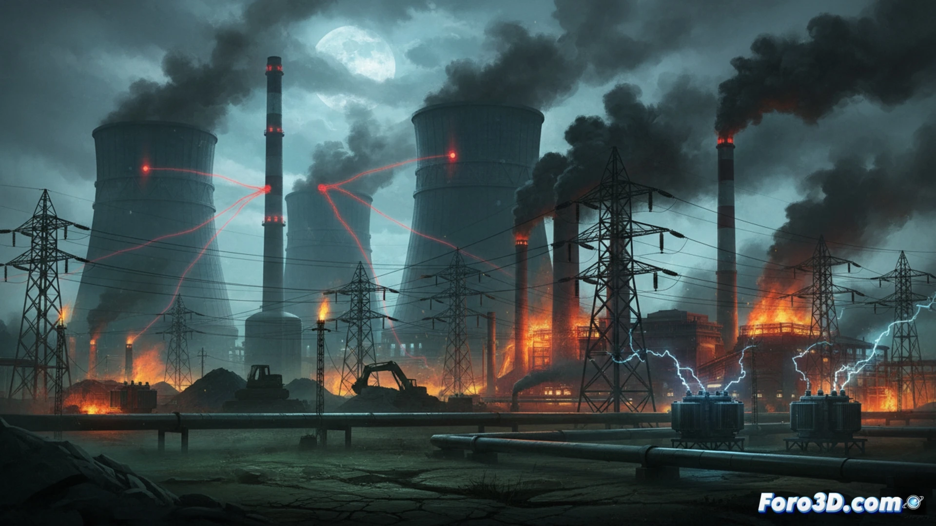 Una central nuclear apagada y en sombras; al fondo, chimeneas de carbón y gas expulsan humo denso bajo un cielo gris.