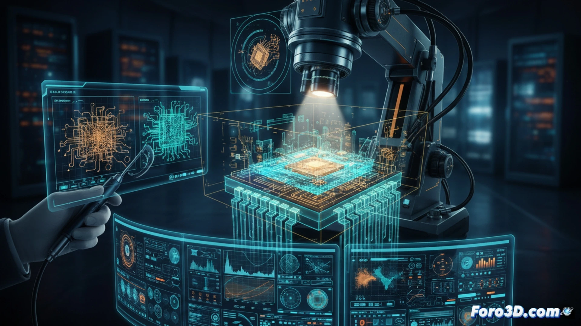 Microscopía electrónica de un chip falso revelando capas internas y anomalías estructurales en 3D