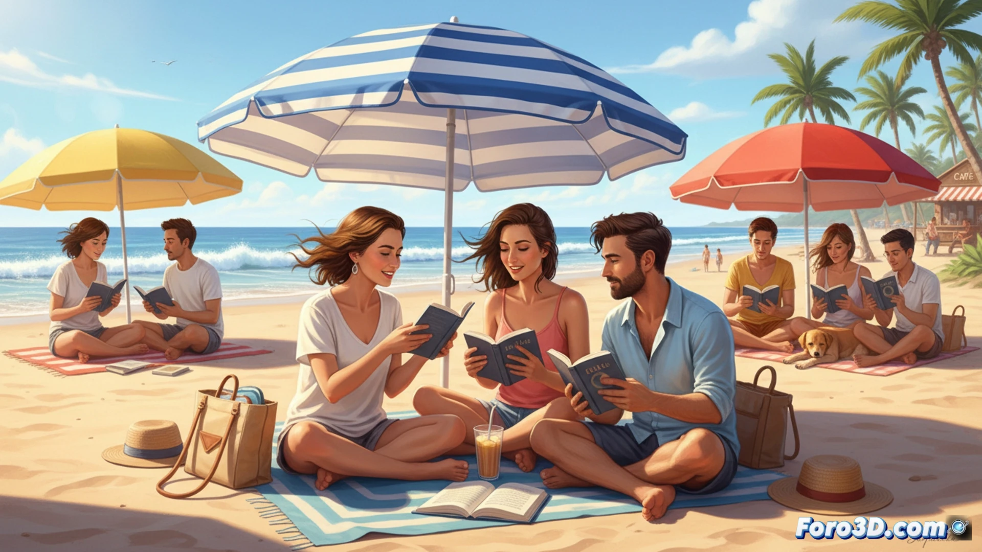 Grupo de personas en la playa bajo sombrillas de colores, leyendo el mismo libro digital en tablets y e-readers, mientras una ola rompe al fondo, páginas pasando al unísono, arena fina levantada por la brisa marina, pantallas iluminadas con luz azul suave, sombrillas con varillas metálicas visibles, brisa moviendo toallas, photorealistic cinematic scene, luz solar cálida de atardecer, contraste entre el azul del mar y el blanco de las páginas, acción sincronizada de lectura colectiva, demostrando el club de lectura improvisado en la costa.