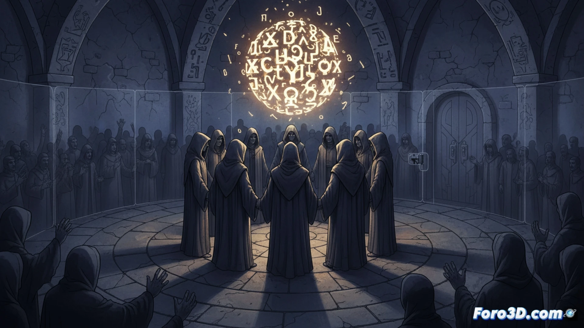 Photorealistic technical illustration, a dimly lit party headquarters meeting room, a group of people sitting around a table, a leader projecting a complex flowchart of acronyms onto a screen, members wearing matching pins and holding identical notebooks, an outsider standing at the door looking confused, the acronyms on the screen forming a closed loop like a circuit diagram, cinematic lighting with harsh shadows, the atmosphere of an exclusive ritual, ultra-detailed facial expressions showing belonging versus exclusion, engineering visualization style, industrial metal furniture, glowing data lines connecting the acronyms on the screen