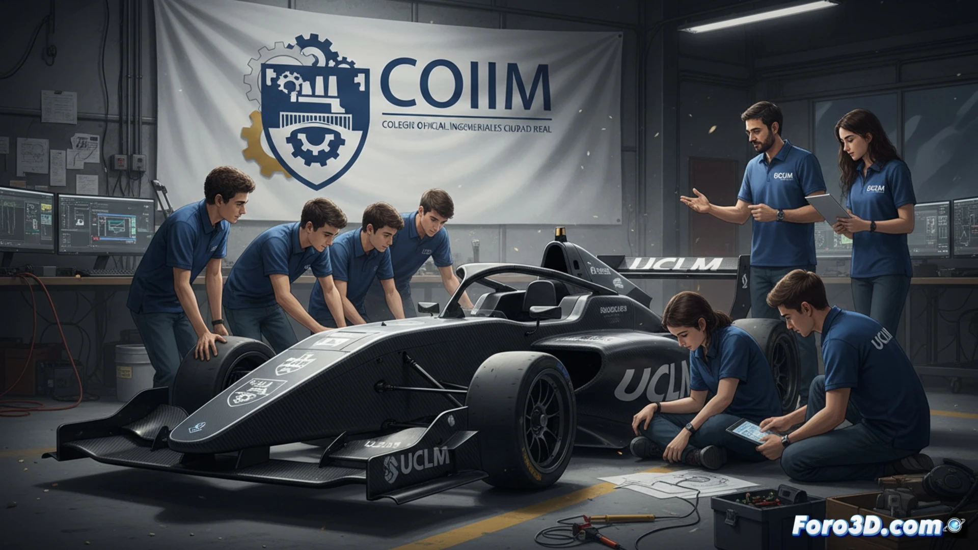 engineering students in white lab coats and safety glasses adjusting a metallic open-wheel Formula Student race car inside a bright university workshop, one student holds a digital multimeter probing the battery management system while another tightens a suspension pushrod with a torque wrench, laptop on a rolling cart displaying a 3D CAD model of the chassis with FEA stress contours, carbon fiber monocoque, exposed wiring harness, red anodized brake calipers, welding torch resting on a nearby bench, motion blur of a hand rotating a wheel hub, dust particles in sunlight beams, photorealistic technical illustration, cinematic depth of field, industrial fluorescent lighting, hyper-detailed mechanical components