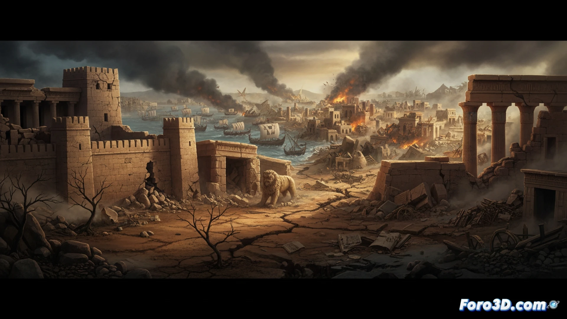 Bronze Age citadel collapsing during simultaneous earthquake and sea invasion, massive stone walls cracking and falling, ships with armed warriors approaching burning harbor, dry cracked earth in foreground showing drought, smoke and dust filling sky, broken chariots and scattered bronze weapons on ground, cinematic archaeological visualization, dramatic golden hour lighting through dust clouds, ultra-detailed ancient stone architecture crumbling, photorealistic historical disaster scene, wide-angle epic composition