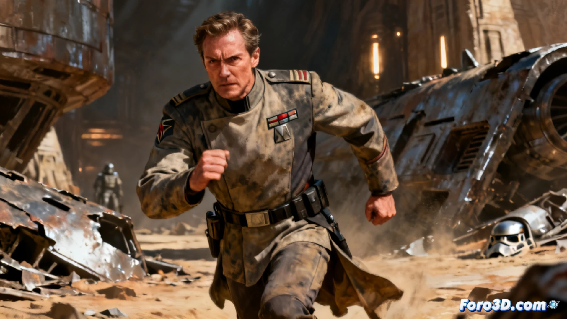 Actor Jonny Coyne as Commander Coin in a dimly lit Mandalorian underground fight club, holding a datapad with script lines visible while standing behind a holographic combat simulator, ex-imperial uniform with worn armor, mechanical droid referee adjusting ring lights, muscular fighters sparring in background, cinematic photorealistic style, gritty metallic textures, dramatic side lighting casting long shadows, intense action frozen mid-punch, sweat and dust particles in air, ultra-detailed facial expression showing last-minute preparation stress, dark blue and orange color palette, technical illustration of live-action film set atmosphere