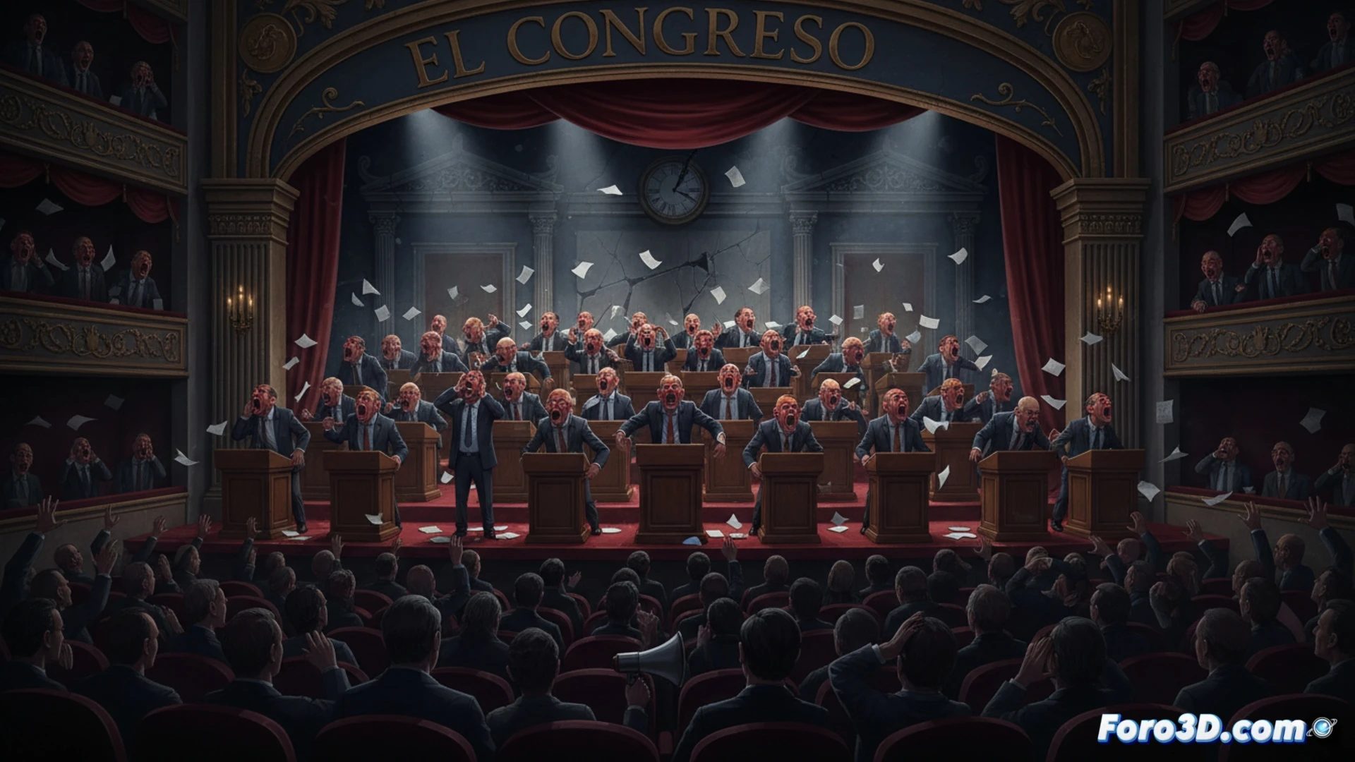 congressional plenary session depicted as a theatrical stage, multiple microphones on wooden desks, speaker at the lectern shouting with mouth wide open, hands gesturing aggressively, other deputies standing and yelling, some covering ears, empty chairs with scattered papers, a large digital countdown timer on the wall showing zero, control room technician pressing buttons on an audio mixer board, red overload lights blinking on mixing console, feedback screech visualized as jagged soundwave lines cutting through the air, cinematic wide-angle shot, dramatic chiaroscuro lighting, photorealistic technical illustration, gritty texture, muted gold and dark blue color palette, intense atmosphere of chaos and noise