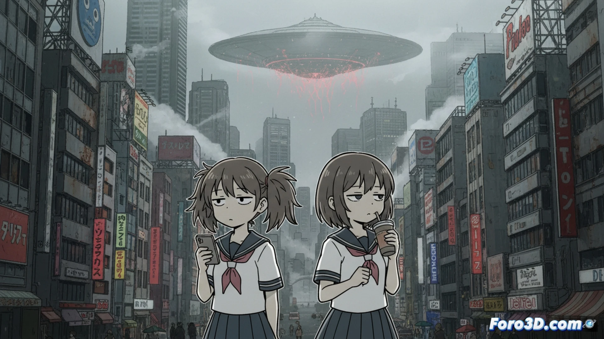 Viñeta de Dead Dead Demon's Dededede Destruction, fondo fotográfico de Tokio con personajes caricaturescos