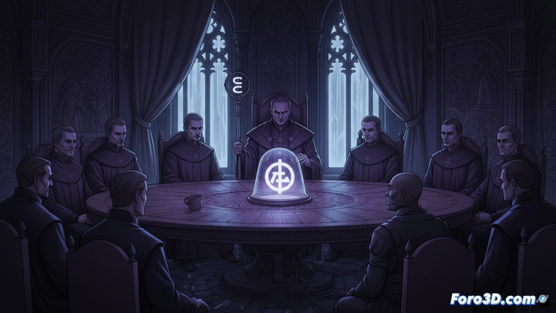 Photorealistic technical illustration of a political party ethics committee meeting, members sitting around a dark wooden table, one person being judged while holding a document with crossed-out transparency clauses, no text visible, hidden surveillance cameras embedded in ceiling tiles, document shredder in corner with torn papers, sealed voting ballots being collected in a locked box, dramatic chiaroscuro lighting, cold blue-gray color palette, oppressive atmosphere, cinematic composition, ultra-detailed facial expressions showing tension, mechanical voting machine with broken glass, industrial steel chairs, sterile institutional interior.