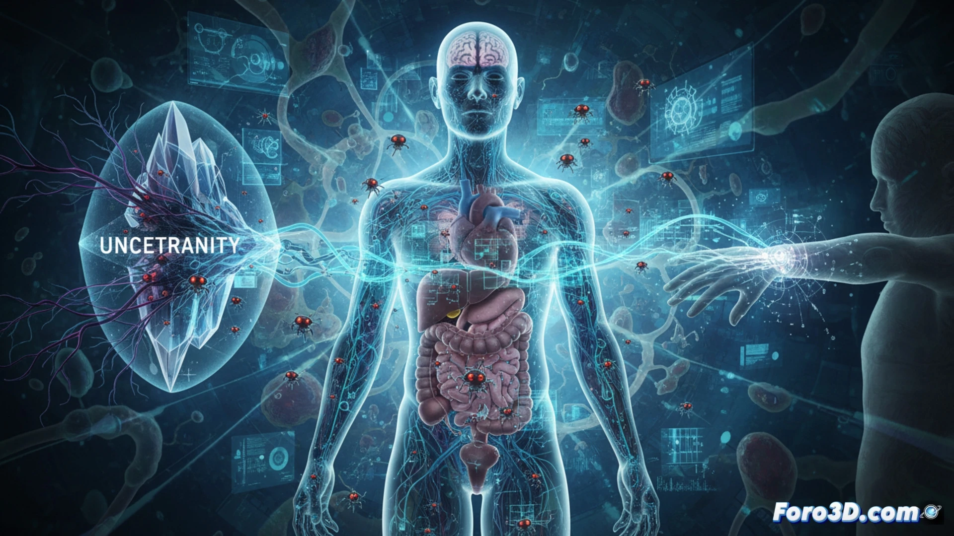 photorealistic cinematic scene inside a human torso cavity, glowing nanobots swimming through translucent blood vessels toward a microscopic tumor cluster, biosensor implants embedded along the spine emitting faint blue light, real-time health data streams visualized as holographic waveforms floating above the body, a shadowy hand reaching from outside the chest cavity gripping a control interface, symbolizing loss of bodily autonomy, dramatic chiaroscuro lighting, hyper-detailed organic tissue textures, metallic nanobot surfaces reflecting ambient glow, technical illustration style with medical precision