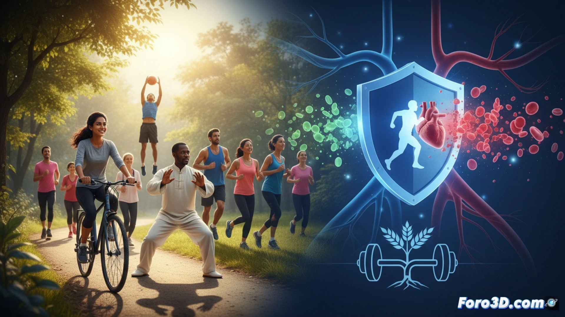 Una persona corriendo al aire libre, con un medidor de glucosa y un tensiómetro sobre un banco, simbolizando el control de diabetes e hipertensión mediante el deporte.