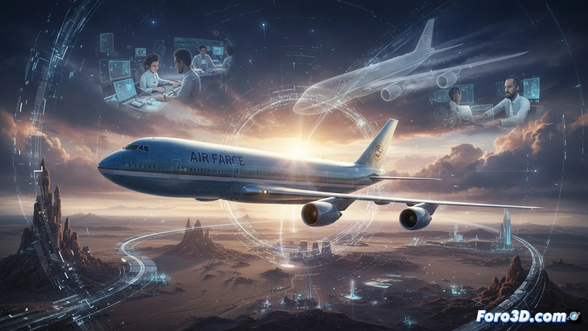 Interior del Air Force One digital en Pluribus, con asientos y pasillos realistas iluminados por pantallas azules, reflejando la integración de efectos visuales de Rodeo FX.