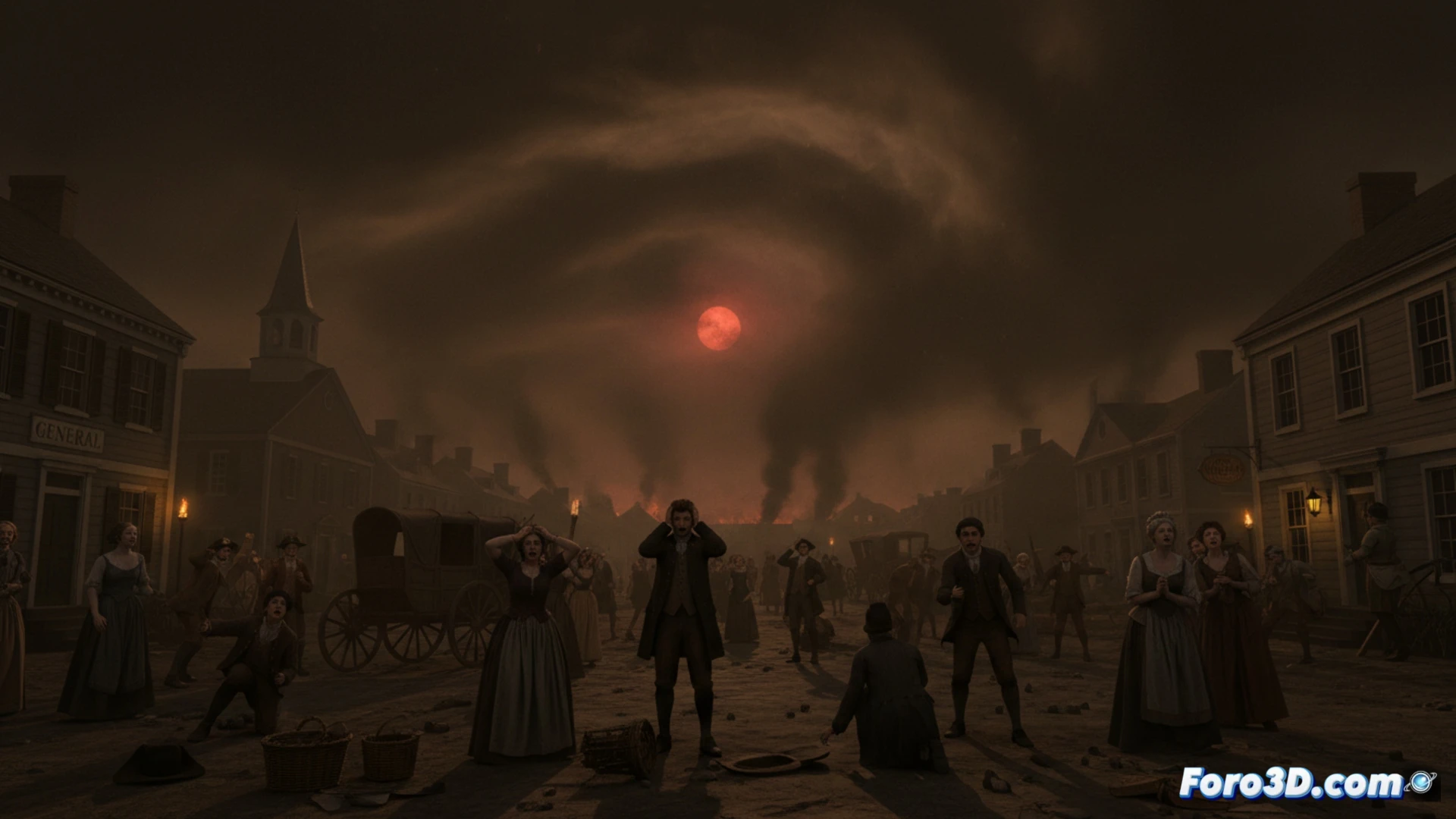 Simulación 3D del cielo negro al mediodía en Nueva Inglaterra, 19 de mayo de 1780, con velas encendidas y pánico