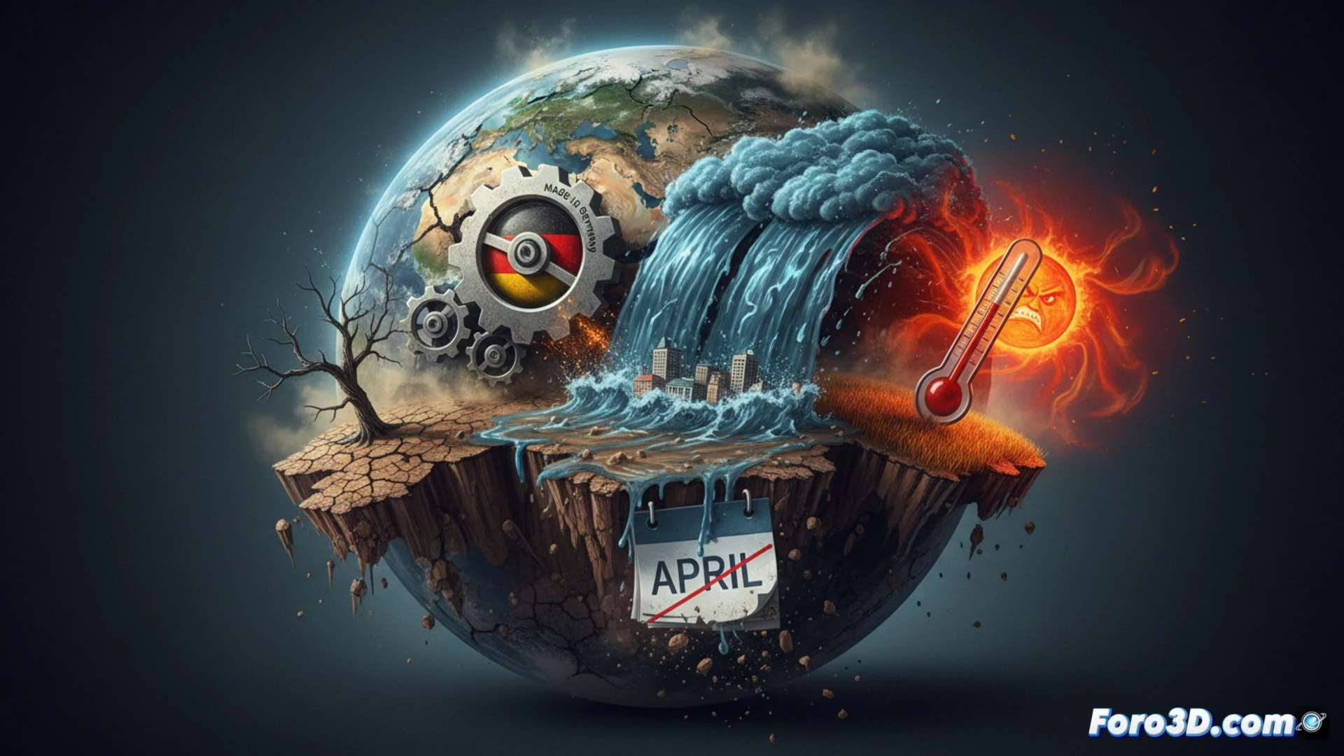 Un planeta Tierra agrietado por la sequía, con un reloj de arena alemán marcando el mes de abril.