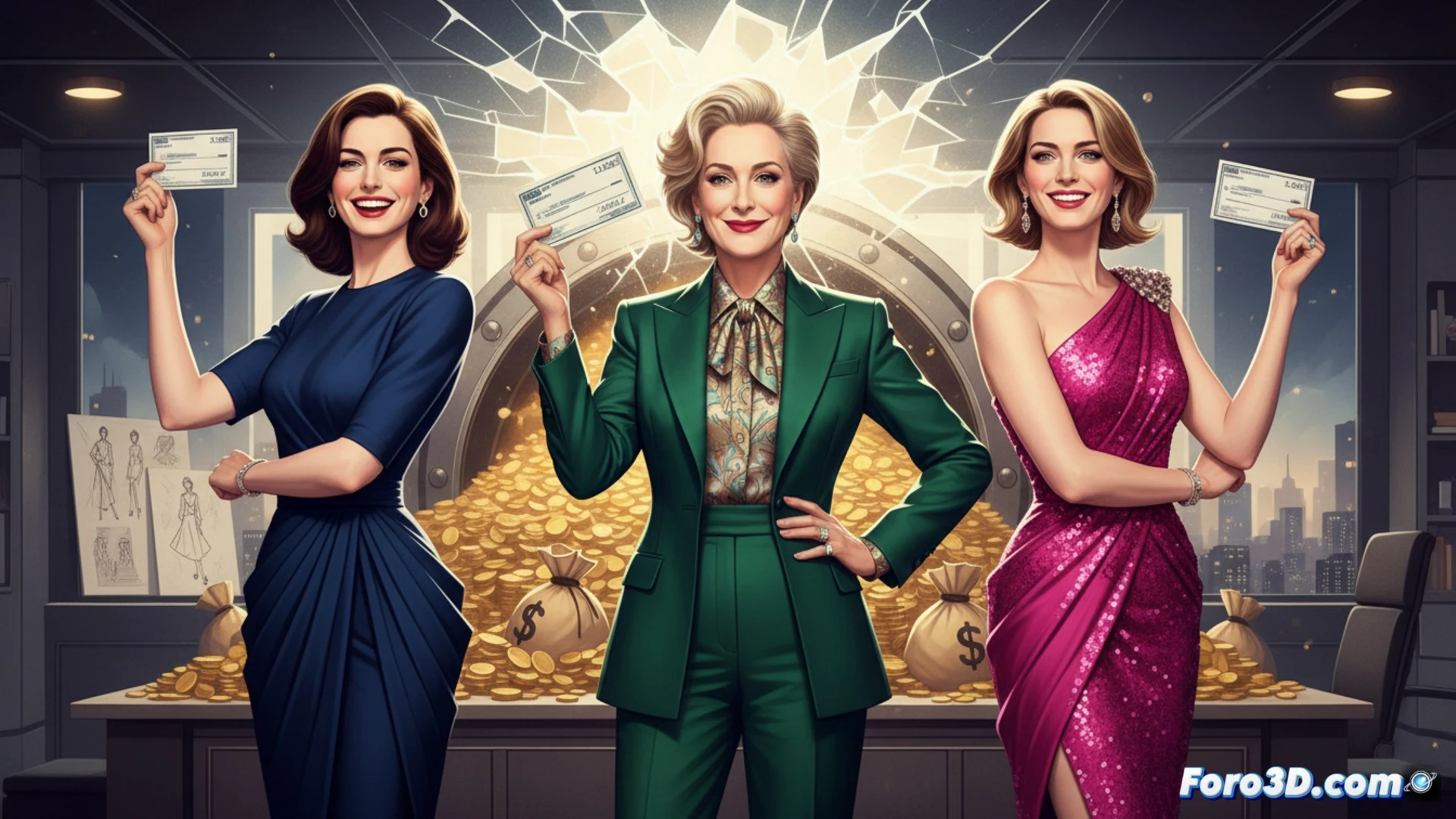 Tres actrices elegantes, Meryl Streep, Anne Hathaway y Emily Blunt, sonríen juntas en la alfombra roja, con billetes de 12,5 millones flotando detrás, simbolizando su salario igualitario.