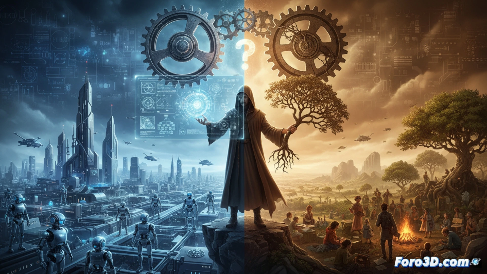 Photorealistic technical illustration of a human hand reaching toward a glowing holographic interface, while a robotic arm simultaneously pulls back a decision-making lever, gears and circuit boards visible inside a half-open mechanical skull, binary code flowing like water from a digital fountain, ethical dilemma visualized as a branching path of light and shadow, cinematic lighting with cool blue and warm amber contrast, ultra-detailed metal textures, human skin pores visible, blurred server racks in background, dramatic chiaroscuro effect, engineering visualization style