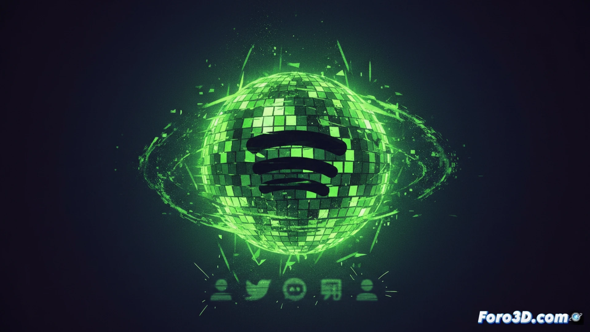 close-up smartphone screen showing blurred green disco ball icon transforming into Spotify logo, digital pixel distortion during icon resize animation, glowing green light reflecting off screen surface, frustrated user finger tapping on app icon, interface with technical grid overlay demonstrating design failure, photorealistic tech illustration, cinematic macro shot, shallow depth of field, bright green chromatic aberration, subtle motion blur on icon edges, realistic glass screen reflections, dark background with ambient glow, ultra-detailed UI elements