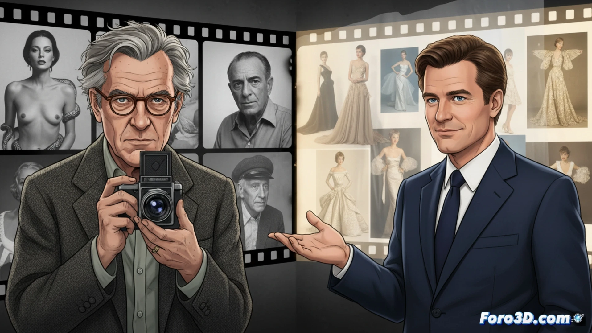 black and white photographic studio scene, Richard Avedon holding a large-format camera on a tripod, directing a model on a grey seamless backdrop, intense focus on the model's face, harsh side lighting creating deep shadows, a contact sheet scattered on the floor showing candid celebrity portraits, Ron Howard's documentary camera crew partially visible in the background, cinematic photorealistic style, high contrast monochrome tones, gritty film grain texture, dramatic chiaroscuro lighting, technical photography equipment visible, action of capturing a raw emotional moment
