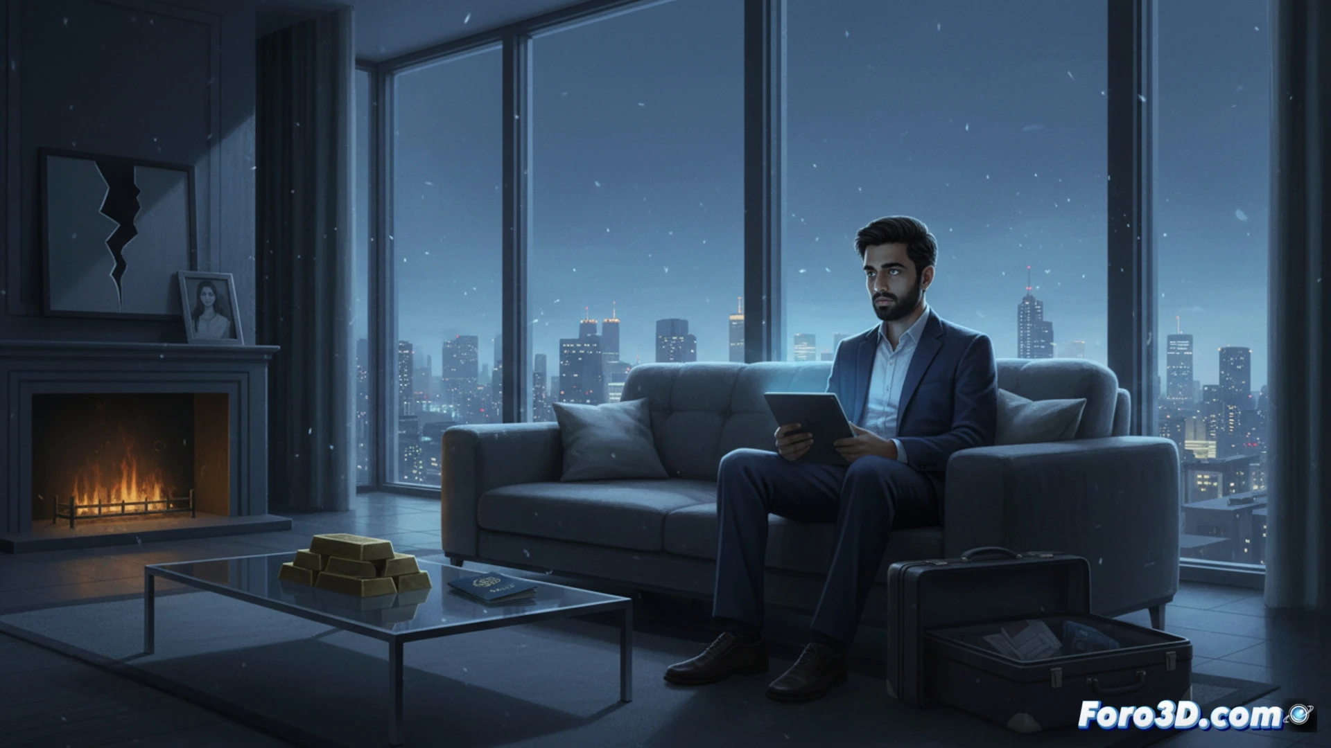 a lone man in an empty luxury penthouse, staring at a dark computer monitor showing a blank code editor, scattered high-end gadgets on a glass desk, a half-packed suitcase on the floor, empty champagne bottles near a broken smartwatch, cinematic photorealistic render, dramatic shadows from floor-to-ceiling windows, cold blue evening light, dust particles floating in the air, ultra-detailed textures on marble floor and leather furniture, melancholic atmosphere, technical illustration style, sharp focus on the man’s reflection in the dark screen