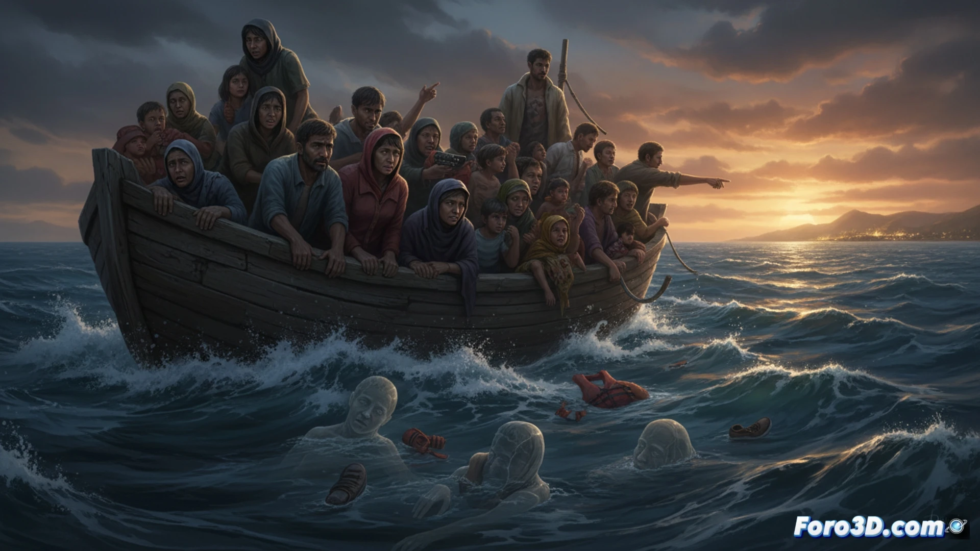 Mediterranean Sea rescue scene at dawn, overcrowded inflatable boat with torn rubber patches, migrants reaching toward a distant ship silhouette, orange life jackets scattered on deck, navigation charts and radio equipment visible in foreground, storm clouds gathering overhead, waves splashing against metal hull, cinematic photorealistic style, dramatic natural lighting from low sun, deep blue water with white foam crests, high-angle shot showing boat and rescue vessel, realistic maritime textures, wet surfaces glistening, emergency flares burning red smoke, technical illustration of human peril and marine operations