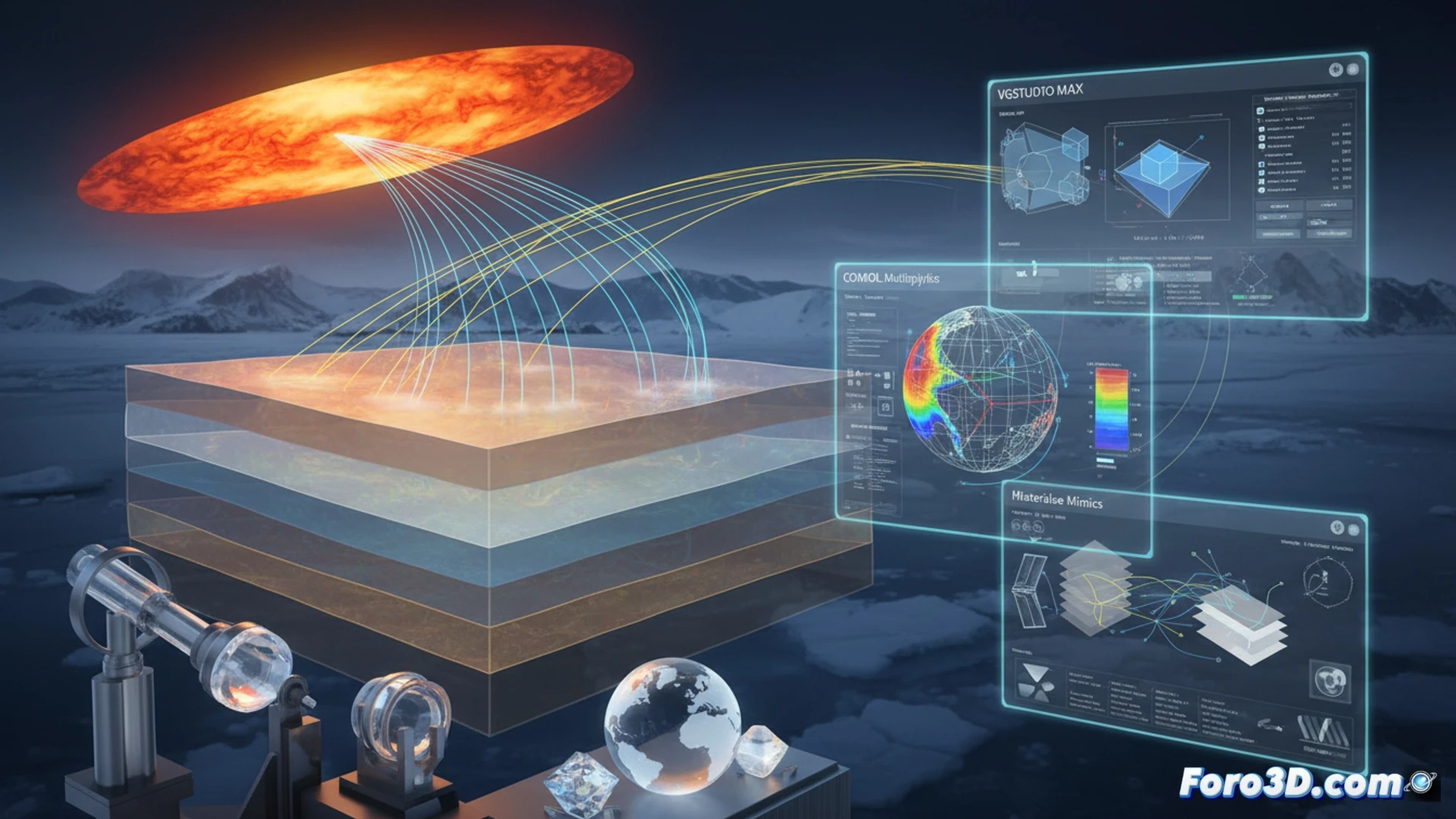 Simulación 3D del Efecto Novaya Zemlya con refracción atmosférica y capas de inversión térmica en software científico