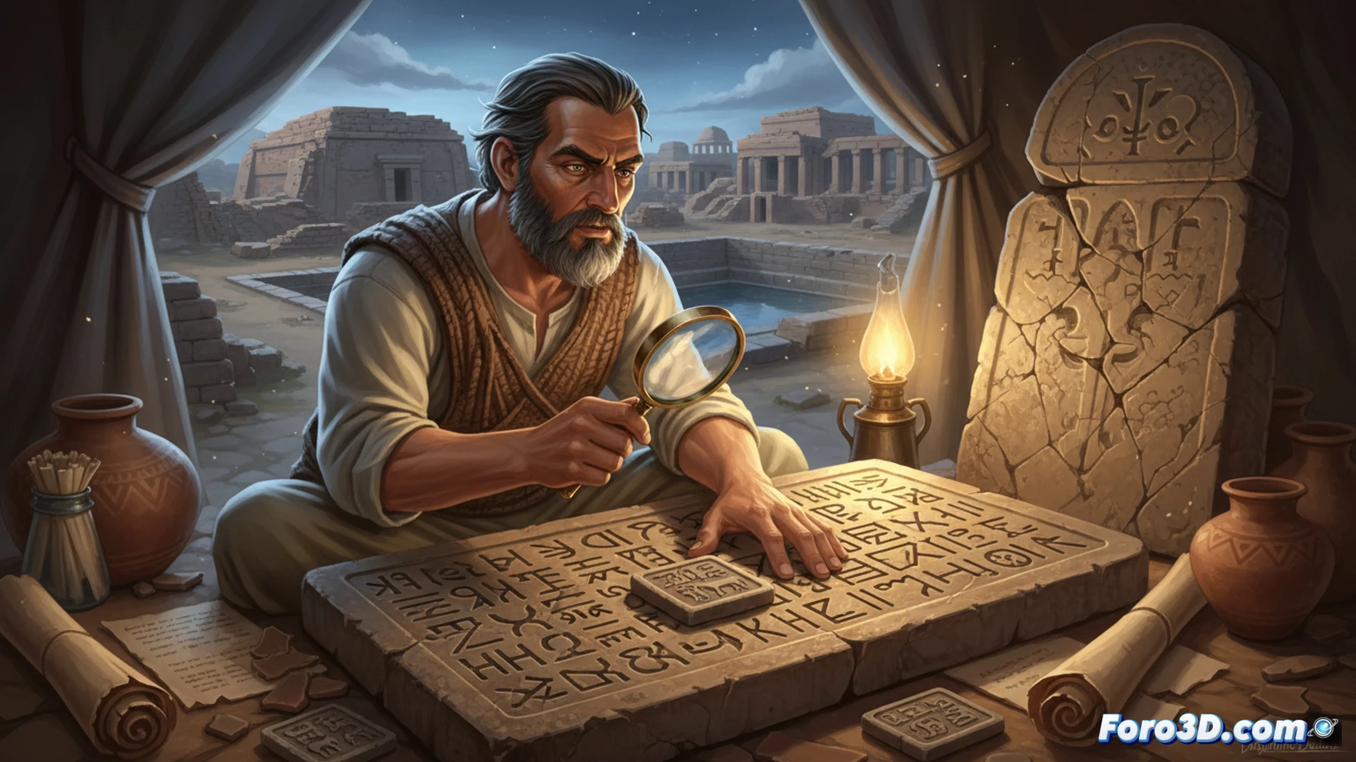 archeologist holding a magnifying glass over an ancient Indus Valley seal with carved pictograms, clay fragments scattered on a wooden worktable, a digital tablet displaying untranslated glyph sequences beside a microscope, warm golden sunlight casting long shadows from a window, dust particles floating in the air, focused expression on the researcher face, cinematic photorealistic style, dramatic chiaroscuro lighting, ultra-detailed texture of the seal surface and cracked clay, technical archaeological documentation aesthetic