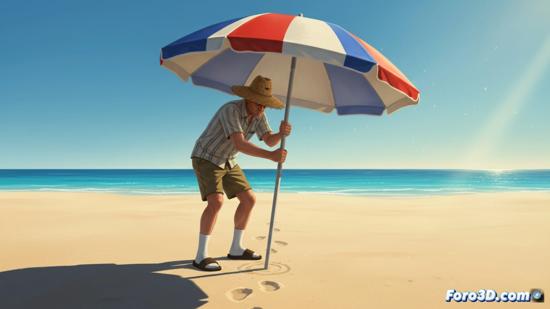 early morning beach scene, man in straw hat white socks and sandals planting umbrella in wet sand, precise geometric alignment with sunrise horizon line, sand particles disturbed during umbrella insertion, shadow cast at perfect angle, technical engineering visualization style, glowing trajectory lines showing optimized path from parking lot to beach spot, digital overlay of efficiency metrics on sand surface, photorealistic render, warm golden sunrise lighting, ultra-detailed textile textures on hat and socks, sandal tread pattern visible, cinematic depth of field