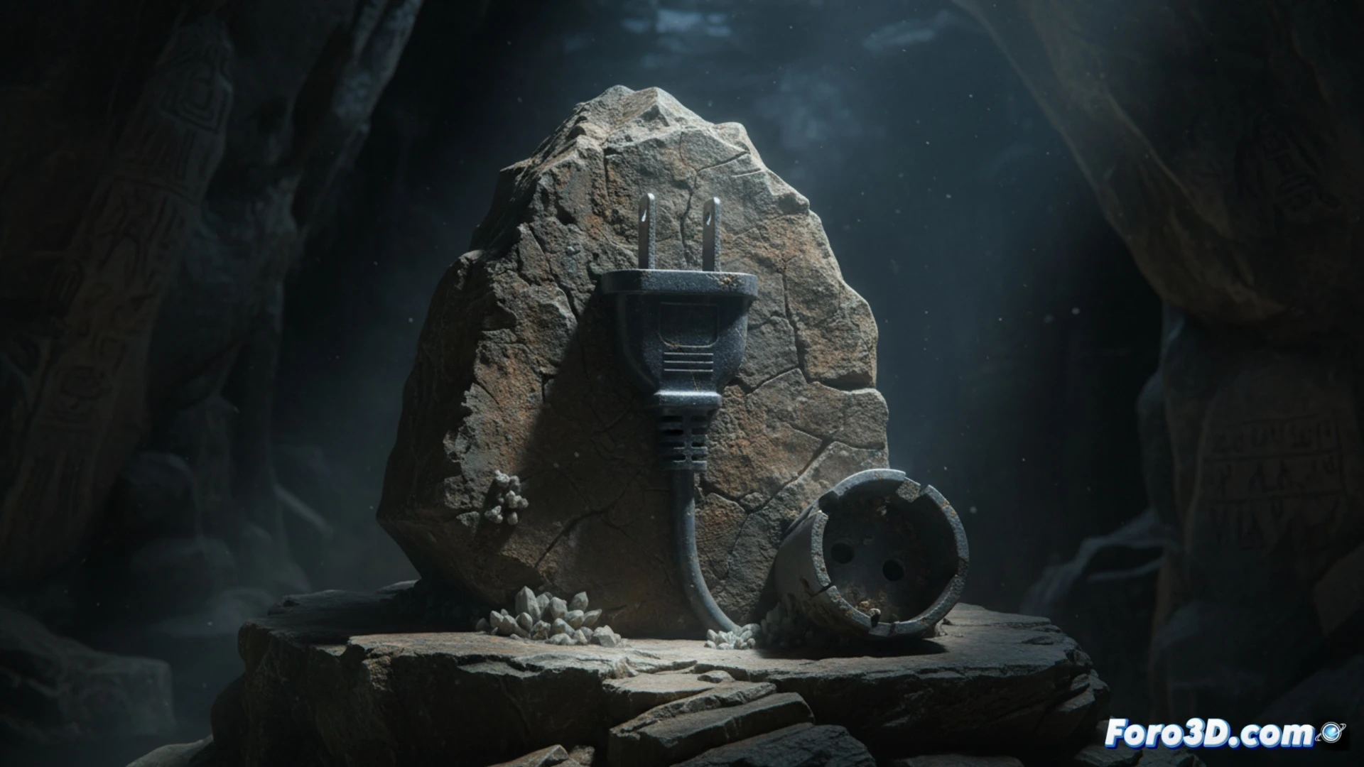 Close-up macro shot of a rough ancient rock split open, revealing a modern two-prong electrical connector fused into the stone matrix, metallic prongs slightly oxidized, no visible glue or seam, X-ray scan overlay glowing faintly in the background showing solid stone interior with no hidden cavities, a gloved hand holding a geological hammer nearby, dust particles suspended in air, dark soil sediment around the rock, cinematic photorealistic technical illustration, dramatic side lighting highlighting the contrast between natural rock texture and manufactured metal, ultra-detailed surface imperfections, engineering visualization style