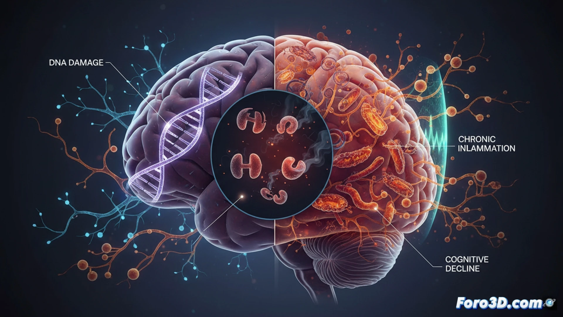 midbrain cross-section with glowing DNA strand breaks accumulating in neurons, mitochondria releasing reactive oxygen species while microglial cells show low-grade inflammation, synaptic connections fading gradually, cinematic medical illustration style, photorealistic neural tissue textures, blue and orange biochemical markers highlighting damage pathways, soft dramatic lighting emphasizing cellular aging process, ultra-detailed microscopic anatomy render