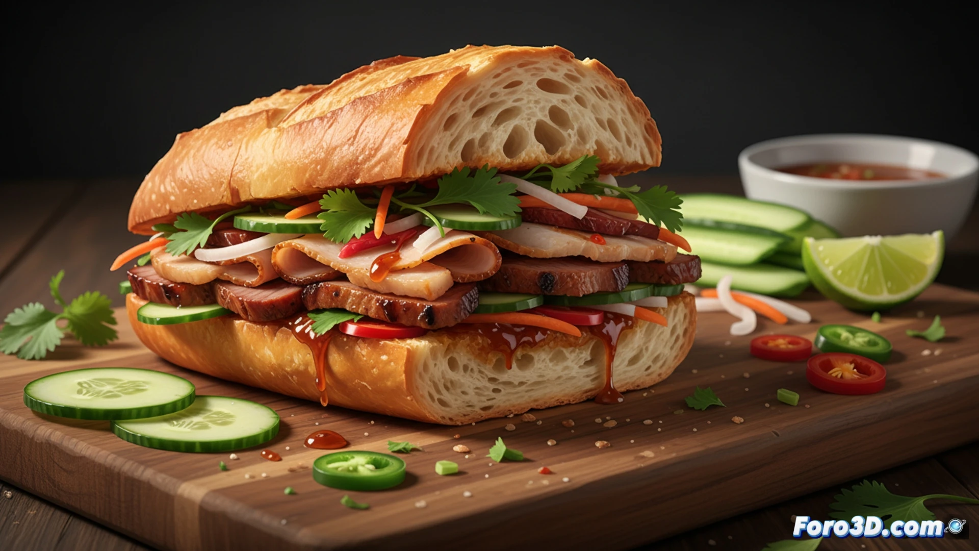 Primer plano de un bánh mì partido, con baguette dorada, cerdo asado, paté, zanahoria encurtida, cilantro y chile.