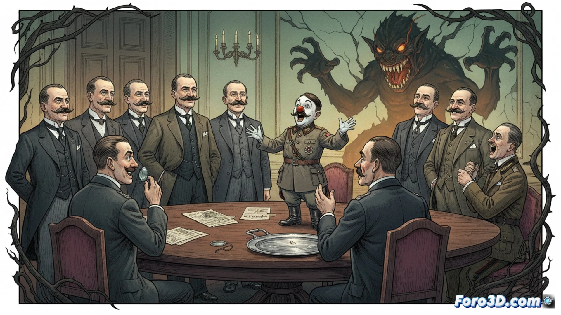 late 1930s Berlin industrial boardroom, top-hatted industrialists and uniformed generals gathered around a mahogany table, one man pulling puppet strings attached to a small figure resembling Hitler, puppet figure growing larger and casting a monstrous shadow over the men, puppet strings snapping and turning into iron chains wrapping around the puppeteers, dark wood paneling with Nazi eagle symbol cracking under pressure, technical blueprints and military schematics scattered on table, cinematic photorealistic visualization, dramatic chiaroscuro lighting from a single overhead lamp, smoke-filled air, men’s faces shifting from smug confidence to horrified realization, ultra-detailed textures of wool uniforms and polished leather, deep shadows consuming the room’s edges