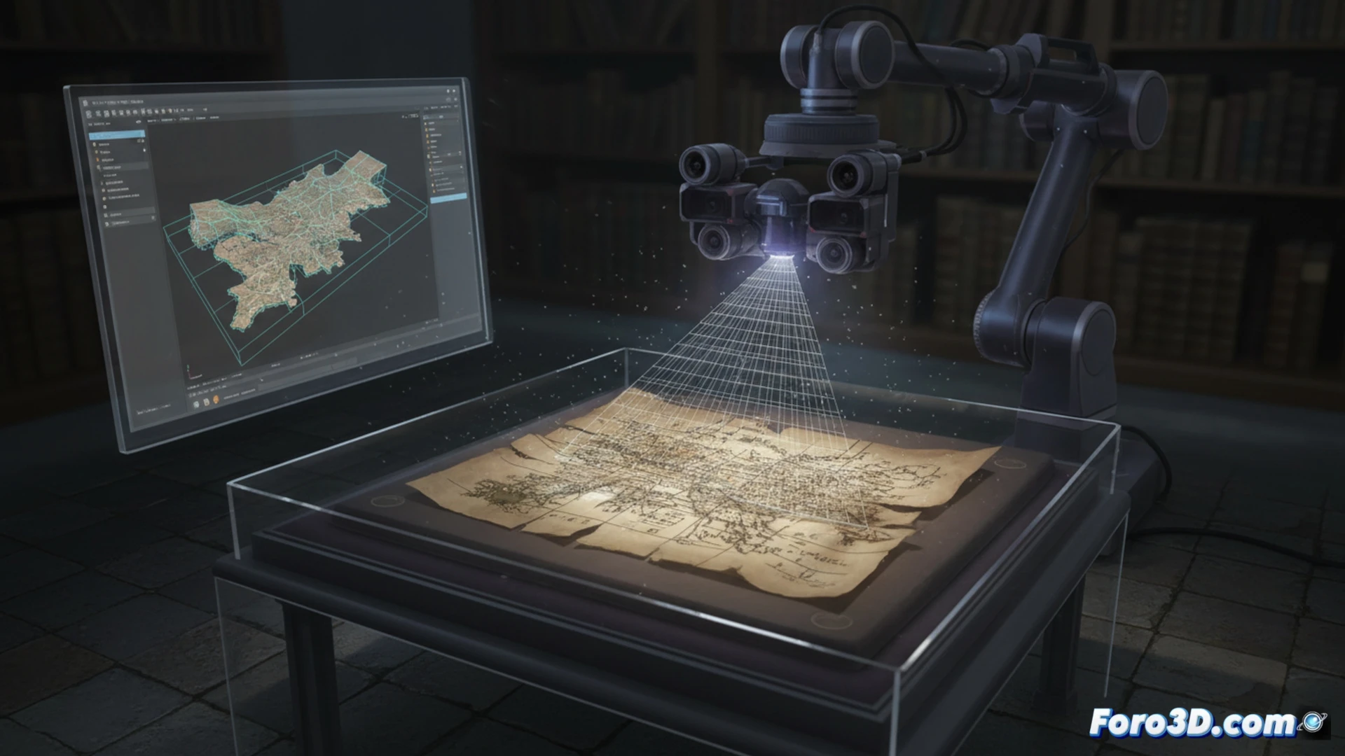 Archivero digitaliza con escáner 3D un mapa antiguo frágil, evitando tocarlo. Polvo y deterioro visibles.