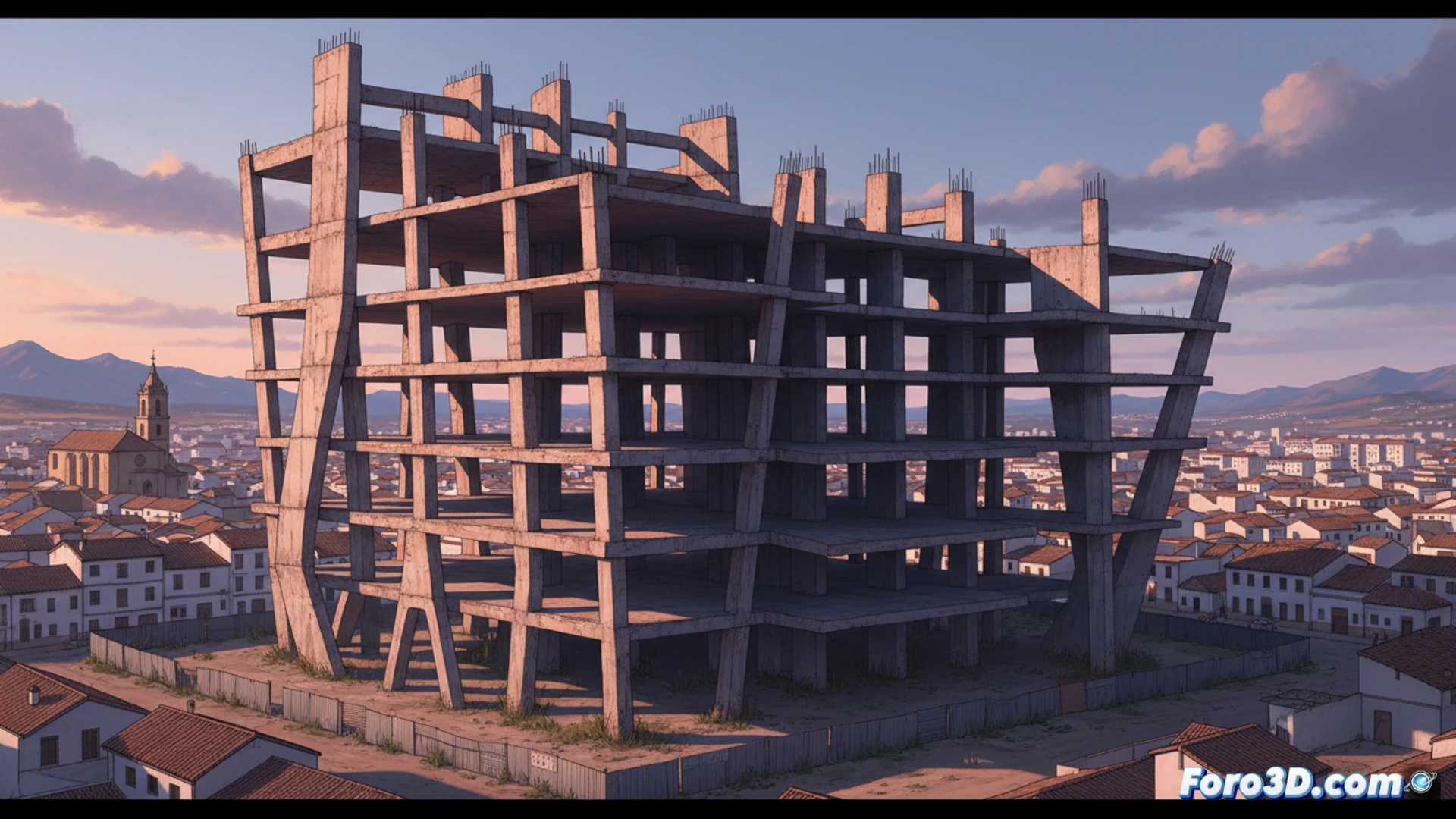Reconstrucción 3D del auditorio abandonado El Esqueleto de Lucena, Córdoba, estructura de hormigón y diseño vanguardista